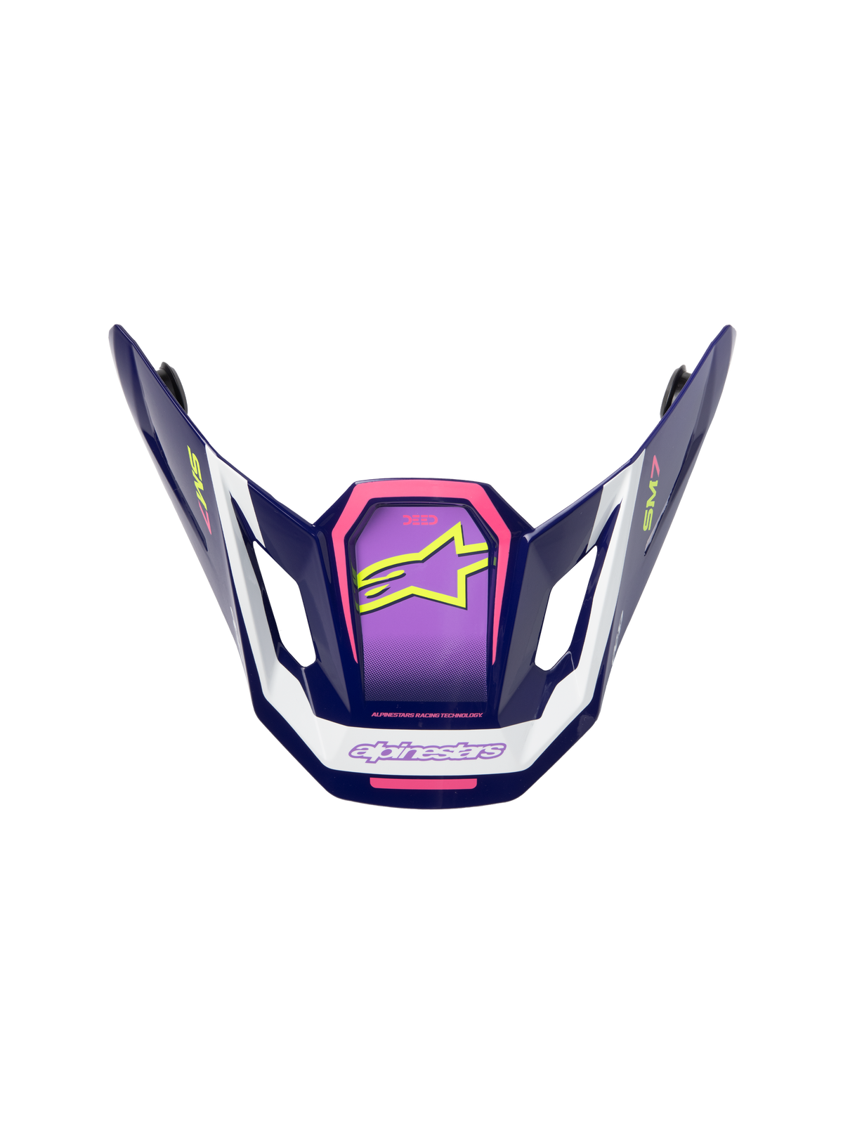 Alpinestars S-M7 Deed Visier, Motocross-Helm-Zubehör, Lila, Pink und Weiß, Hochglanz-Finish mit neongelbem Stern-Logo und SM7-Branding, kantiges aerodynamisches Design für den Offroad-Rennsport