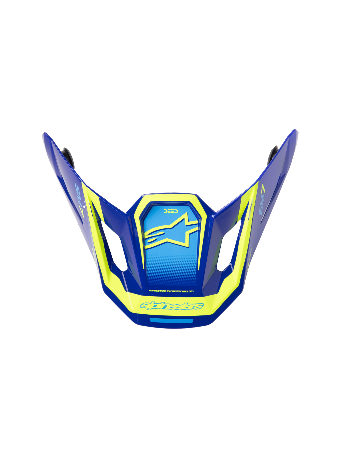 Alpinestars S-M7 Deed ECE06 Visier, Ersatz-Helmschirm für Motocross-Helme, Blau und Fluo-Gelb mit Hochglanz-Finish, eckiges aerodynamisches Design mit seitlichen Belüftungsöffnungen, mit markanten gelben Alpinestars-Logos und Grafiken