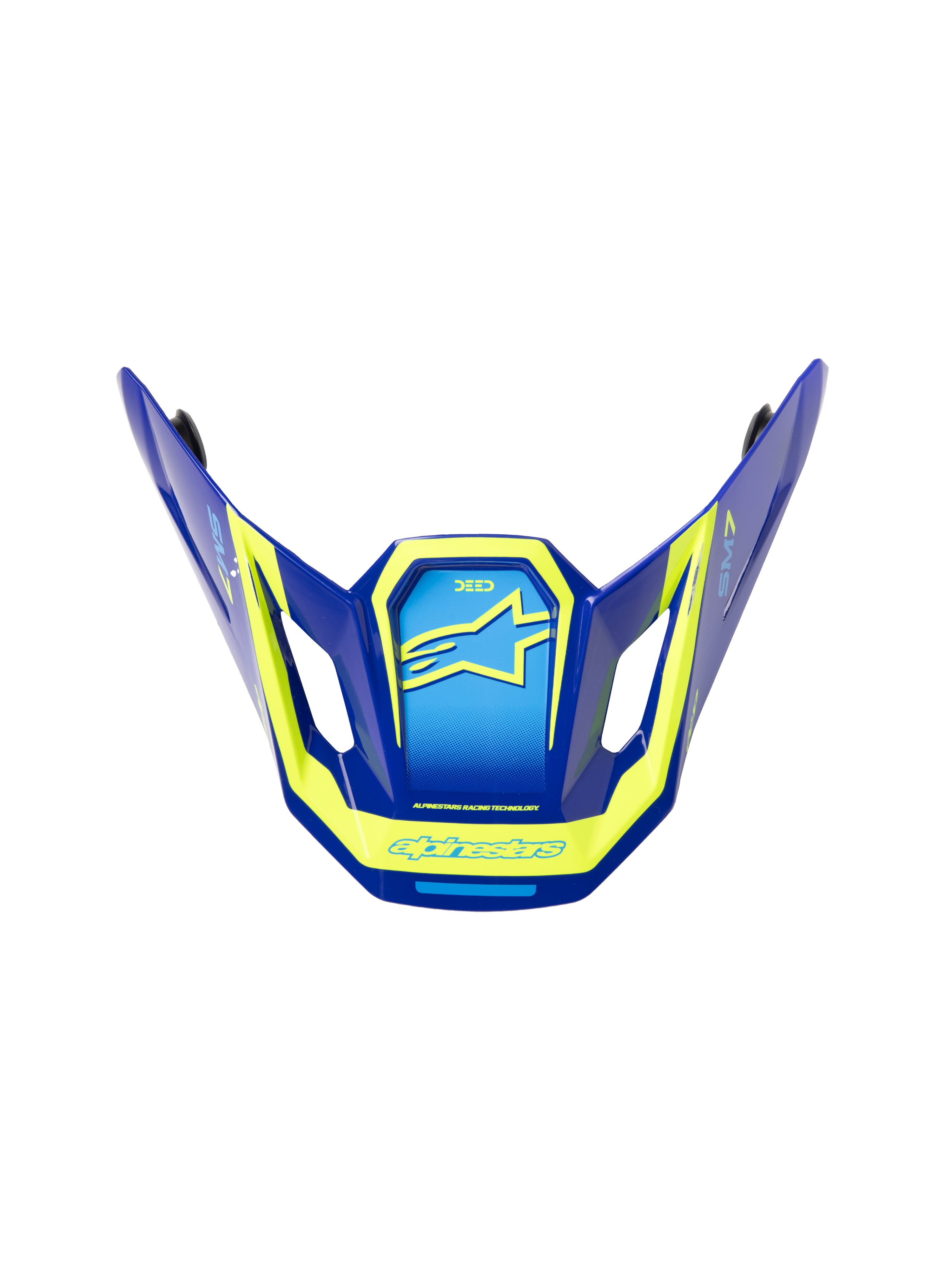 Alpinestars S-M7 Deed ECE06 Visier, Ersatz-Helmschirm für Motocross-Helme, Blau und Fluo-Gelb mit Hochglanz-Finish, eckiges aerodynamisches Design mit seitlichen Belüftungsöffnungen, mit markanten gelben Alpinestars-Logos und Grafiken