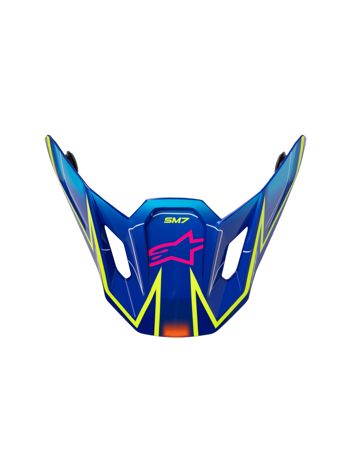 Alpinestars S-M7 Cast Visier, Motocross-Ersatzhelmschirm, Glänzend Blau mit pinken und neongelben Akzenten, pinkes Stern-Logo und SM7-Branding, aerodynamisches Design mit seitlichen Belüftungsöffnungen