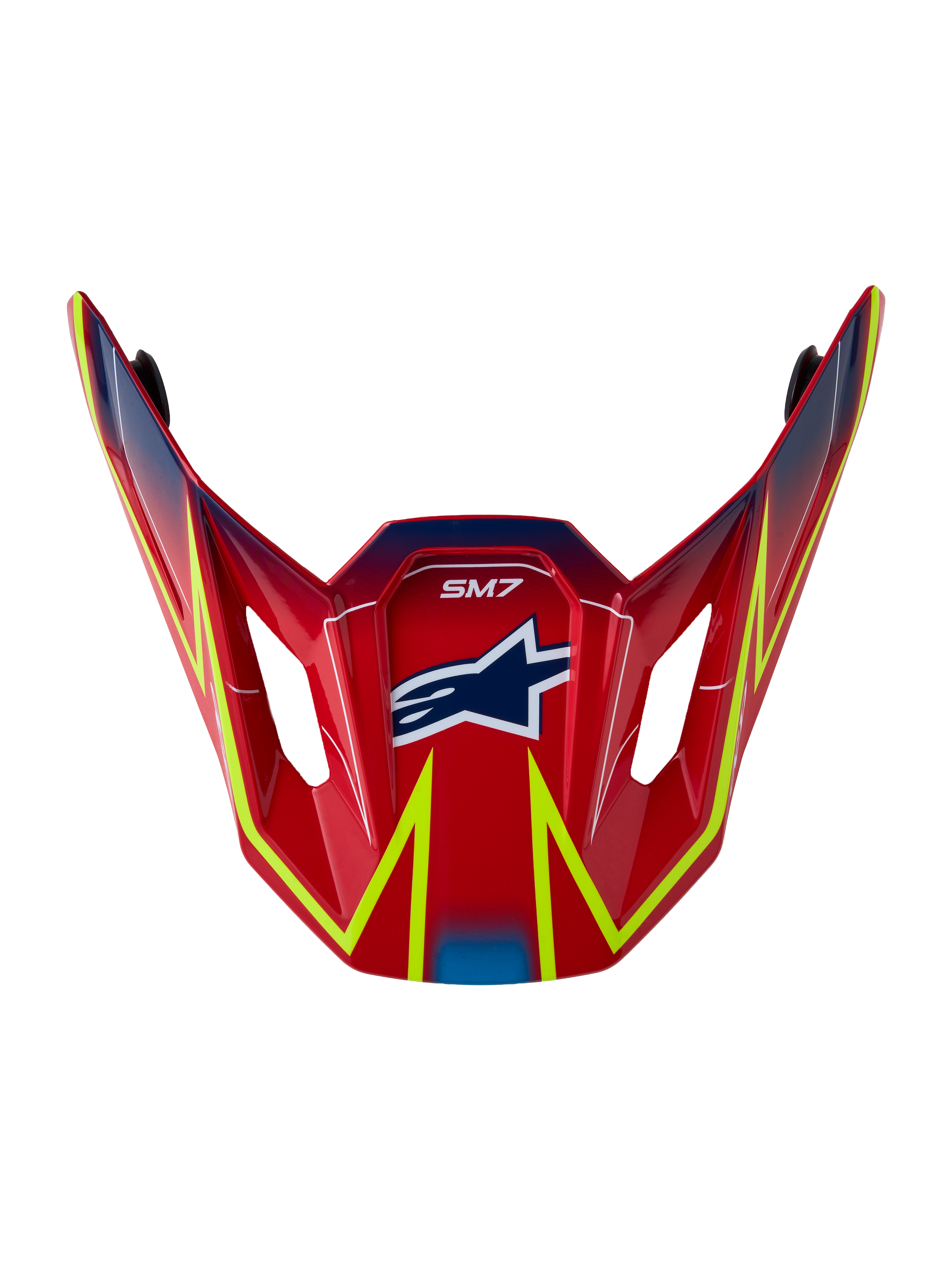 Alpinestars S-M7 Cast vizier, officieel motorcross-reserveonderdeel in glanzend rood met fluogele en blauwe graphics.