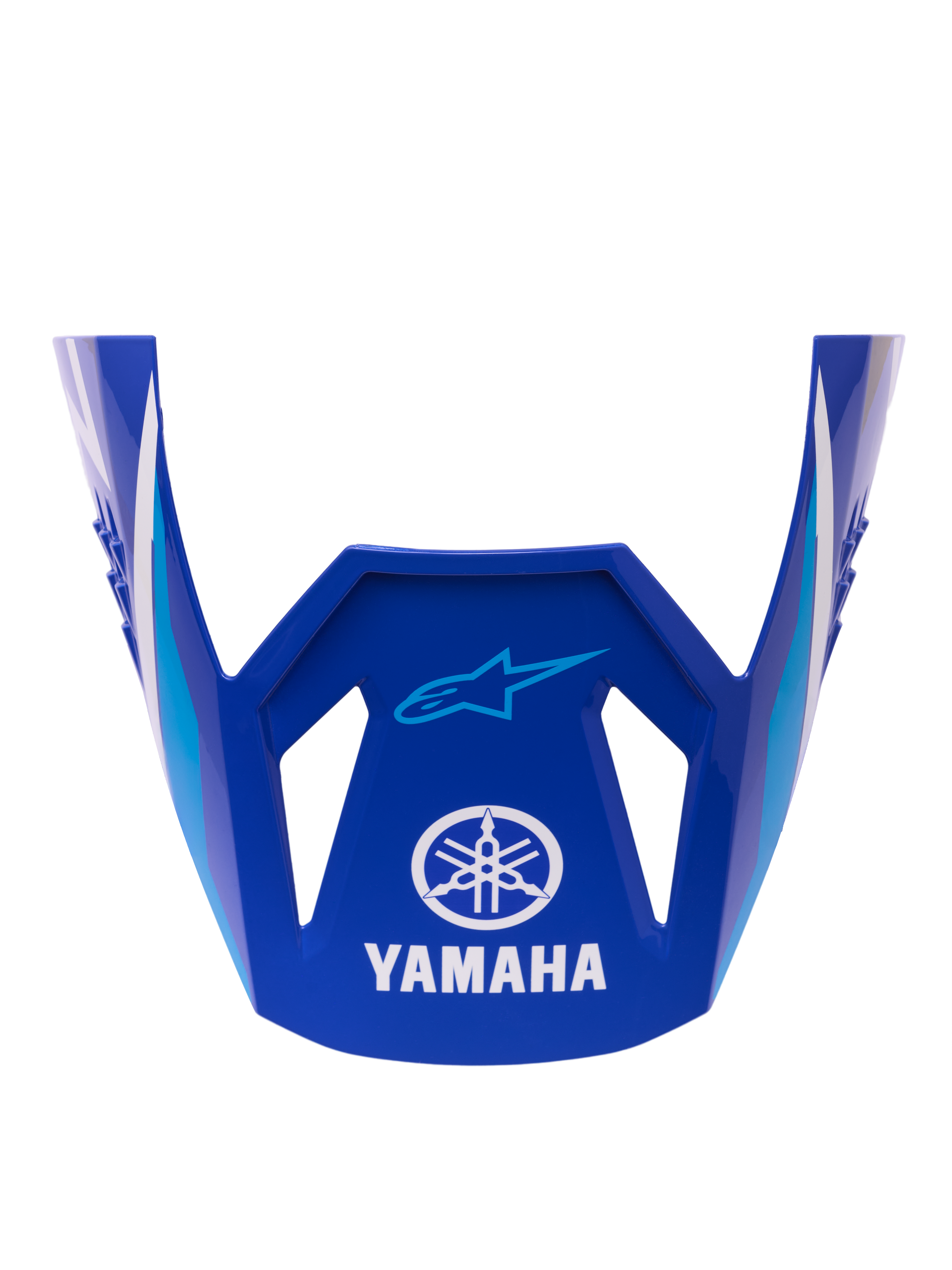 Alpinestars Yamaha S-M3 Vizier ECE 22.06, vervangend helmvizier, glanzend blauw met witte en lichtblauwe geometrische accenten, voorzien van wit Yamaha-logo en blauwe Alpinestars Astar-branding, officieel vervangingsonderdeel voor motorcrosshelmen