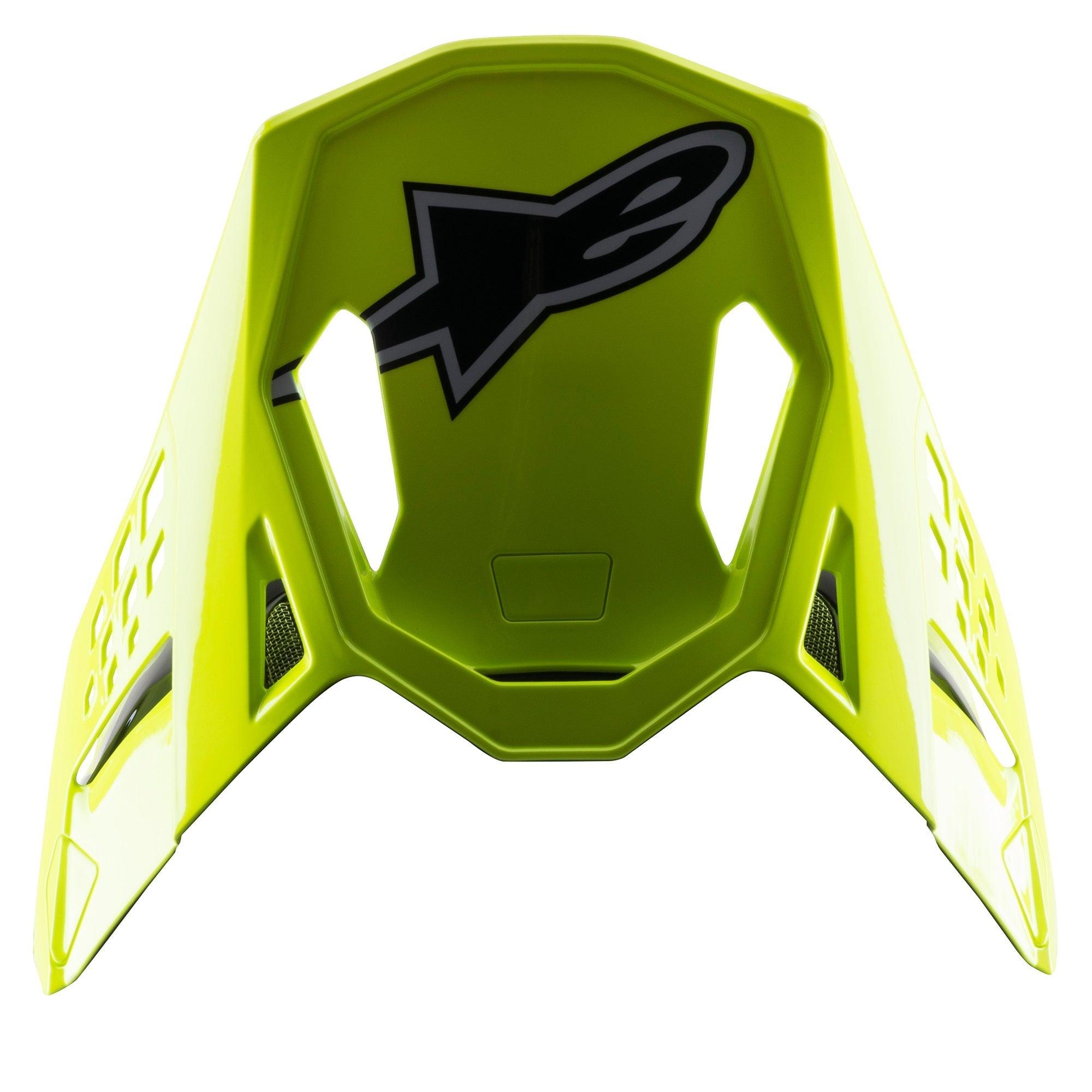 Visière Alpinestars S-M8 Factory, visière de rechange pour casque de motocross, jaune fluo brillant, avec logo Alpinestars noir et découpes aérodynamiques, compatible avec les casques Supertech M8