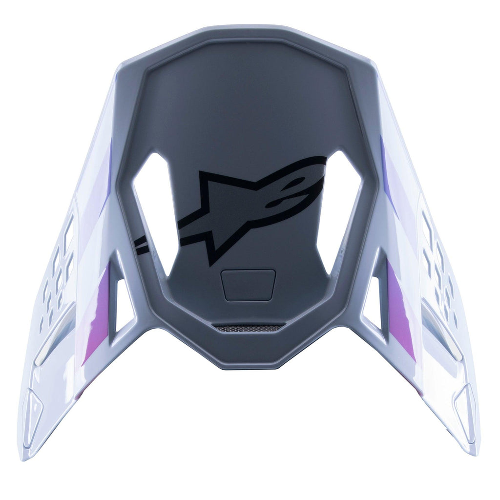 Alpinestars Supertech M10 Daytona 23 LE Visier, Ersatz-Motocross-Helmschild, Haze Gray mit lila und weißen Akzenten, mit schwarzem Logo auf der Unterseite, leichtes belüftetes Design für MX-Rennen