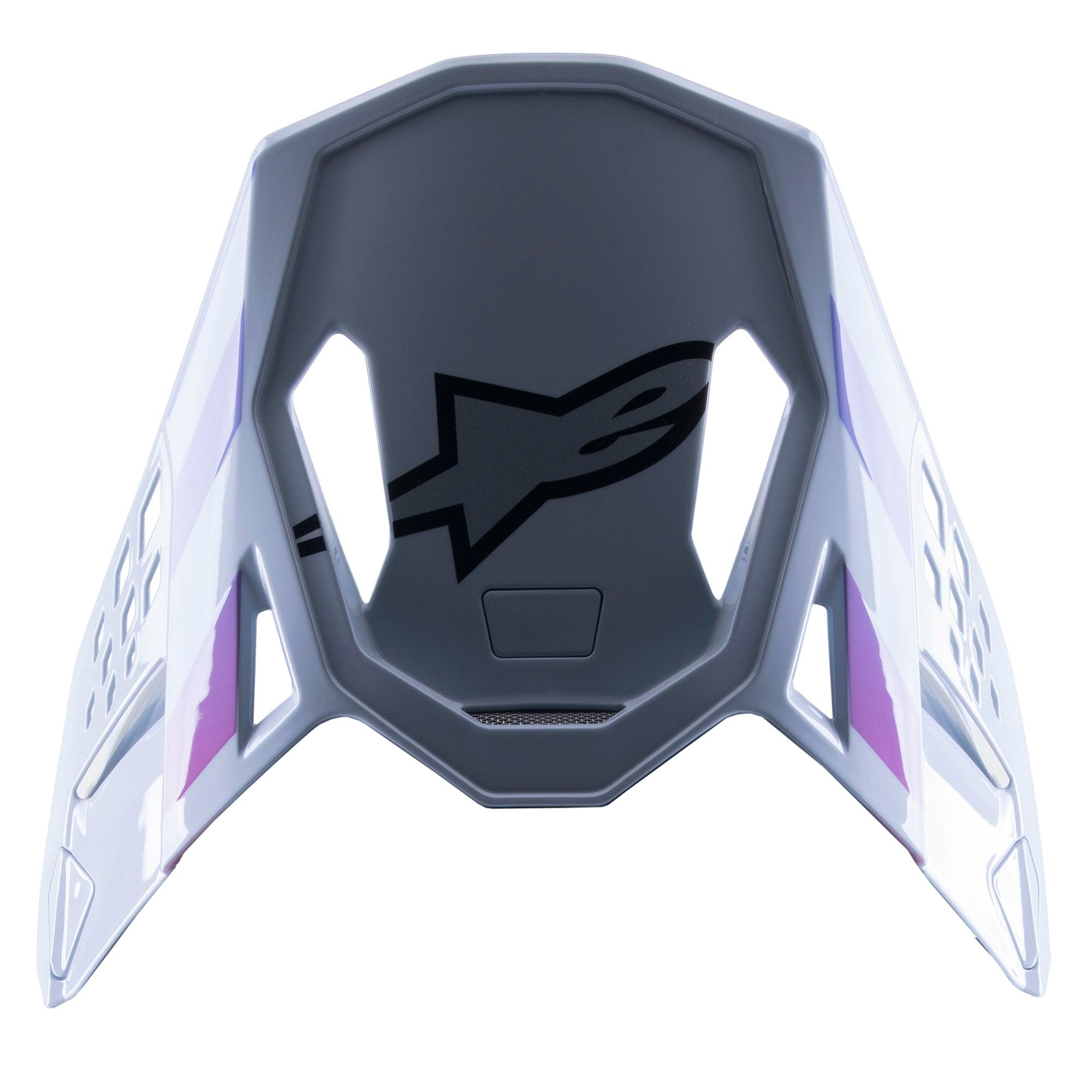 Alpinestars Supertech M10 Daytona 23 LE Visier, Ersatz-Motocross-Helmschild, Haze Gray mit lila und weißen Akzenten, mit schwarzem Logo auf der Unterseite, leichtes belüftetes Design für MX-Rennen
