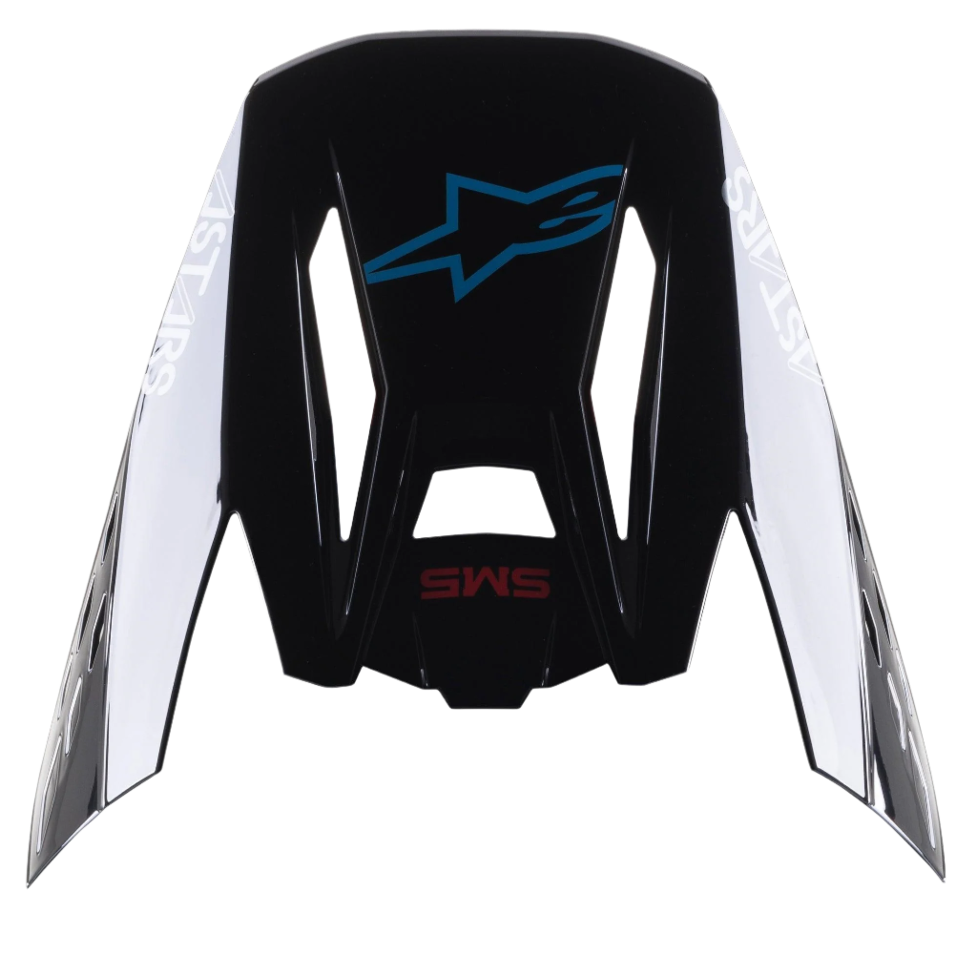 Alpinestars S-M5 Bond Helmvisier, Ersatzvisier für Motocross-Helme, Schwarz Cyan Glänzend mit weißem Astars-Branding an den Seiten, Draufsicht mit blauem Stern-Logo und rotem SM5-Schriftzug