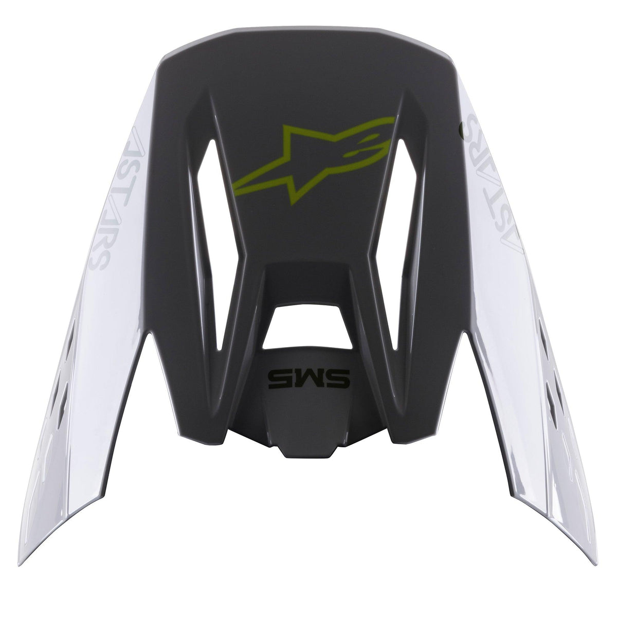 Alpinestars S-M5 Bond Visor, replacement helmet peak, Silver Yellow Fluo Glossy, featuring a central yellow fluo star logo, SM5 text, and white side panels with ASTARS branding, glossy finish for motocross protection