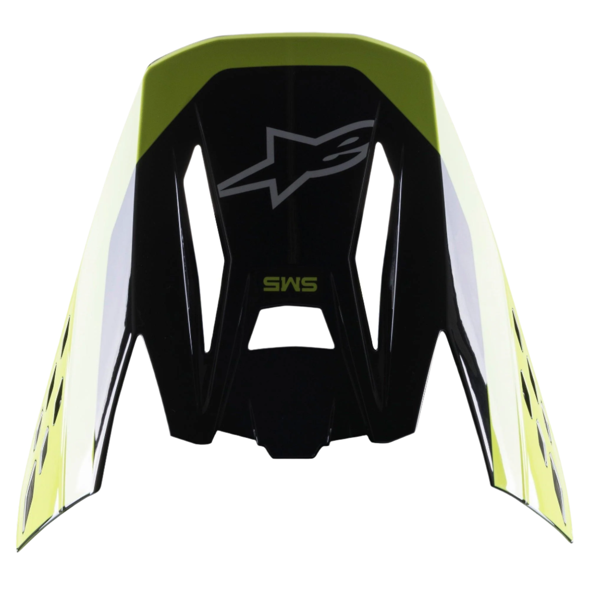 Alpinestars S-M5 Beam Visor, Helmet Accessory, Black and Yellow Fluo Glossy, featuring Alpinestars star logo and SM5 branding, replacement peak for motocross helmets