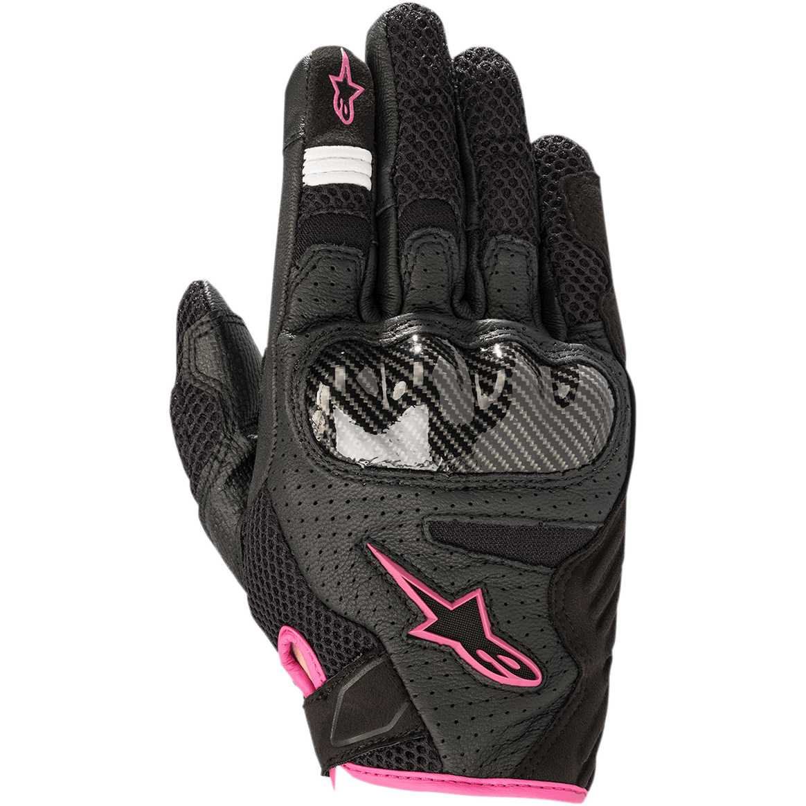 Alpinestars Stella SMX-1 Air V2 Damen-Motorradhandschuhe, Schwarz mit fuchsia-pinken Akzenten, Carbon-Knöchelschutz, perforiertes Leder und Air-Mesh-Konstruktion für Belüftung, kurzes Manschettendesign