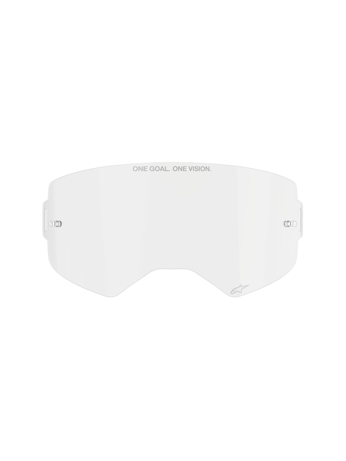 Écran Alpinestars Supertech Clear, lentille de rechange pour masque de motocross, polycarbonate transparent résistant aux chocs, texte "ONE GOAL. ONE VISION." sur le dessus et petit logo, avec fixations latérales pour tear-offs