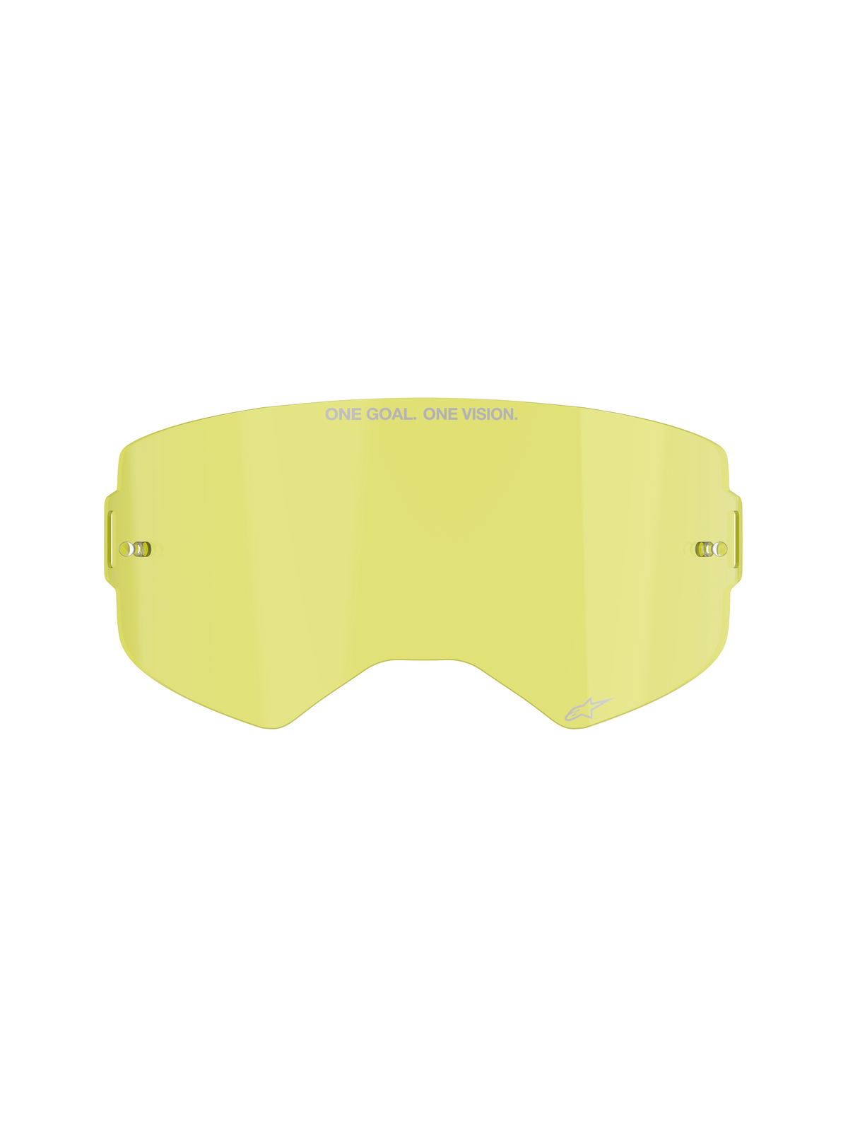 Alpinestars Supertech Clear Lens, vervangingslens voor motorcrossbril, gele tint, voorzien van "ONE GOAL. ONE VISION." branding, geïntegreerde tear-off posts, transparante slagvaste polycarbonaatconstructie.