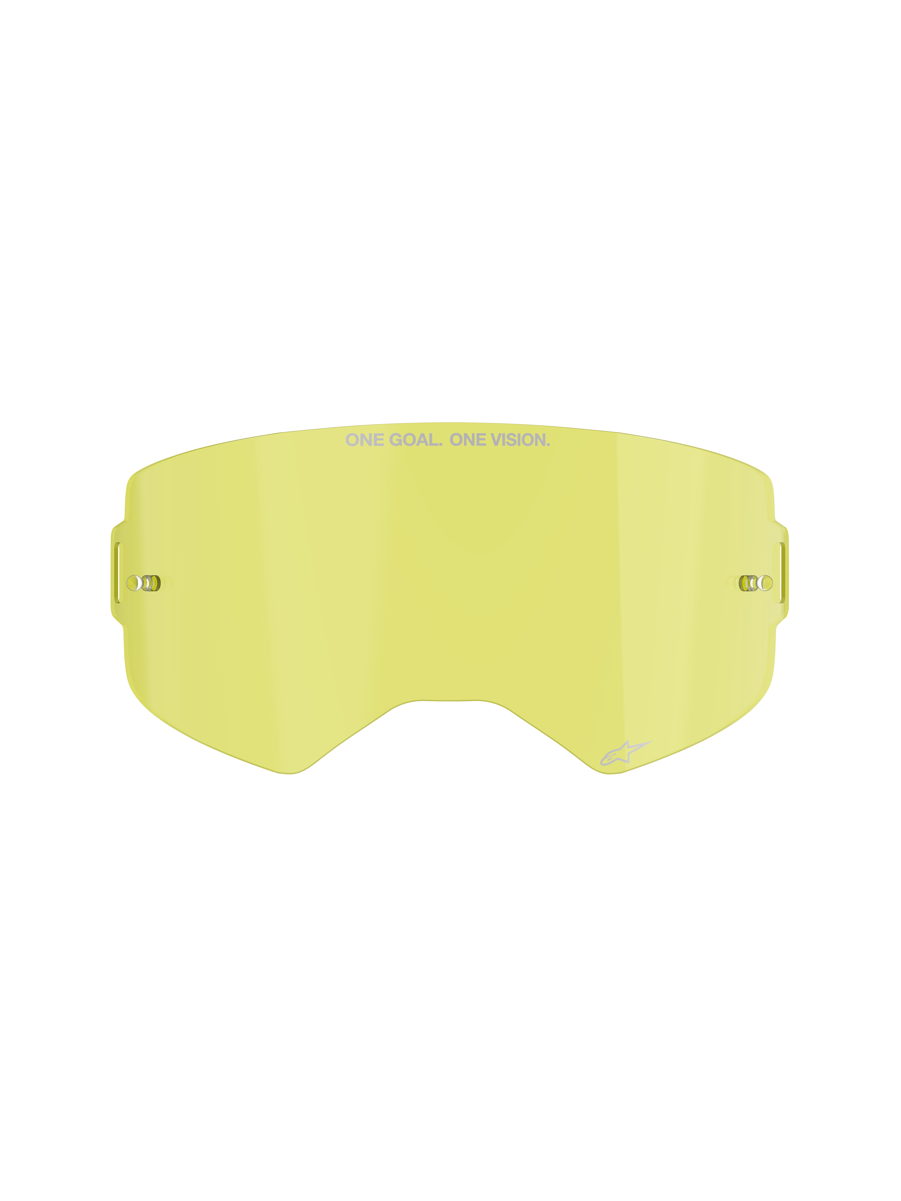 Alpinestars Supertech Ersatzscheibe, Motocross-Brillenglas, Gelbe Tönung, mit „ONE GOAL. ONE VISION.“ Branding, integrierte Tear-Off-Halterungen, transparente, schlagfeste Polycarbonat-Konstruktion