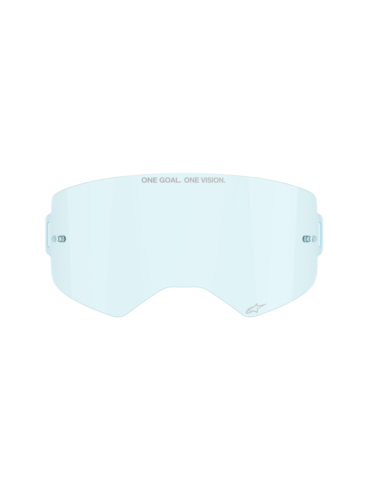 Alpinestars Supertech Clear Lens in Clear Blue, vervangende lens voor motorcrossbrillen, met ONE GOAL ONE VISION-branding en geïntegreerde tear-off posts, gebogen slagvast polycarbonaat ontwerp