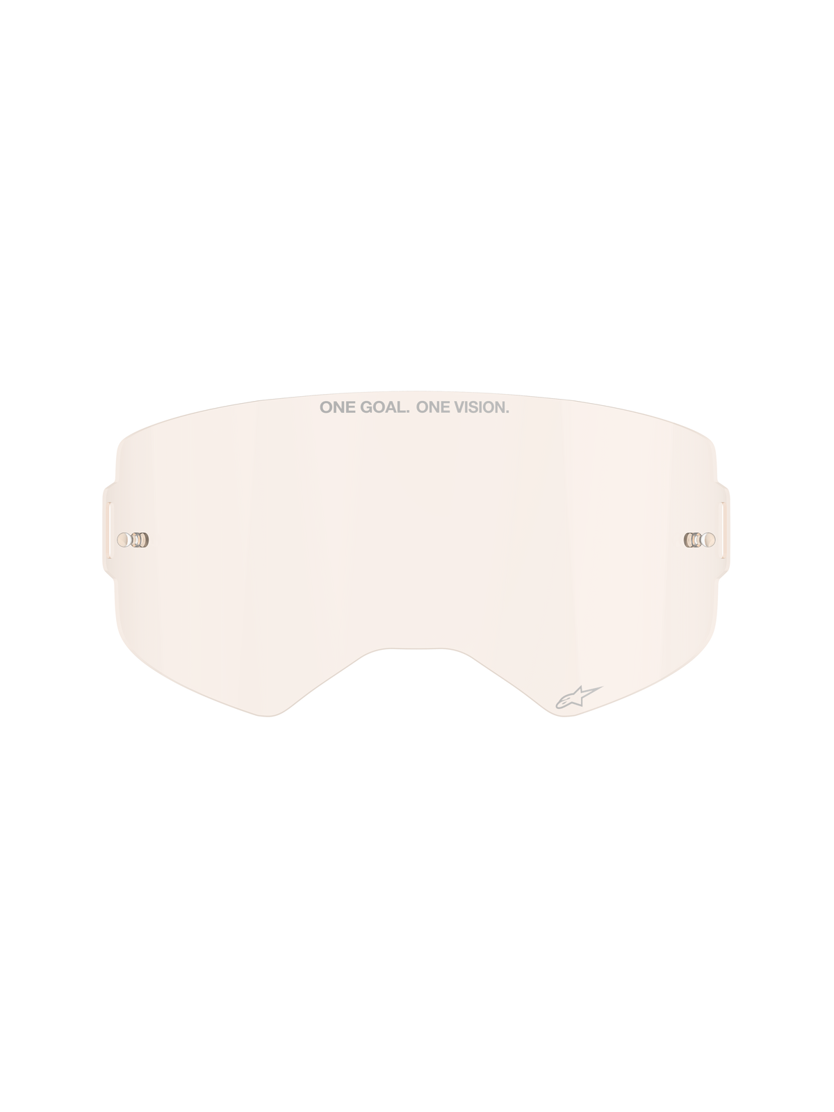 Alpinestars Supertech Brillenglas, Tönung in Light Copper Rose, spritzgegossene Ersatzlinse aus Polycarbonat, mit „ONE GOAL. ONE VISION.“ Branding und kleinem Stern-Logo, integrierte Tear-Off-Pins, Zubehör für Offroad- und Motocross-Brillen