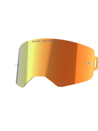 Alpinestars Supertech Spiegellinse, Ersatzlinse für Motocross-Brillen, Spiegelrot mit orange-gelbem Farbverlauf, mit „ONE GOAL. ONE VISION.“ Schriftzug und Alpinestars-Logo, verspiegeltes Finish mit Tear-off-Pins für den Motocross-Rennsport