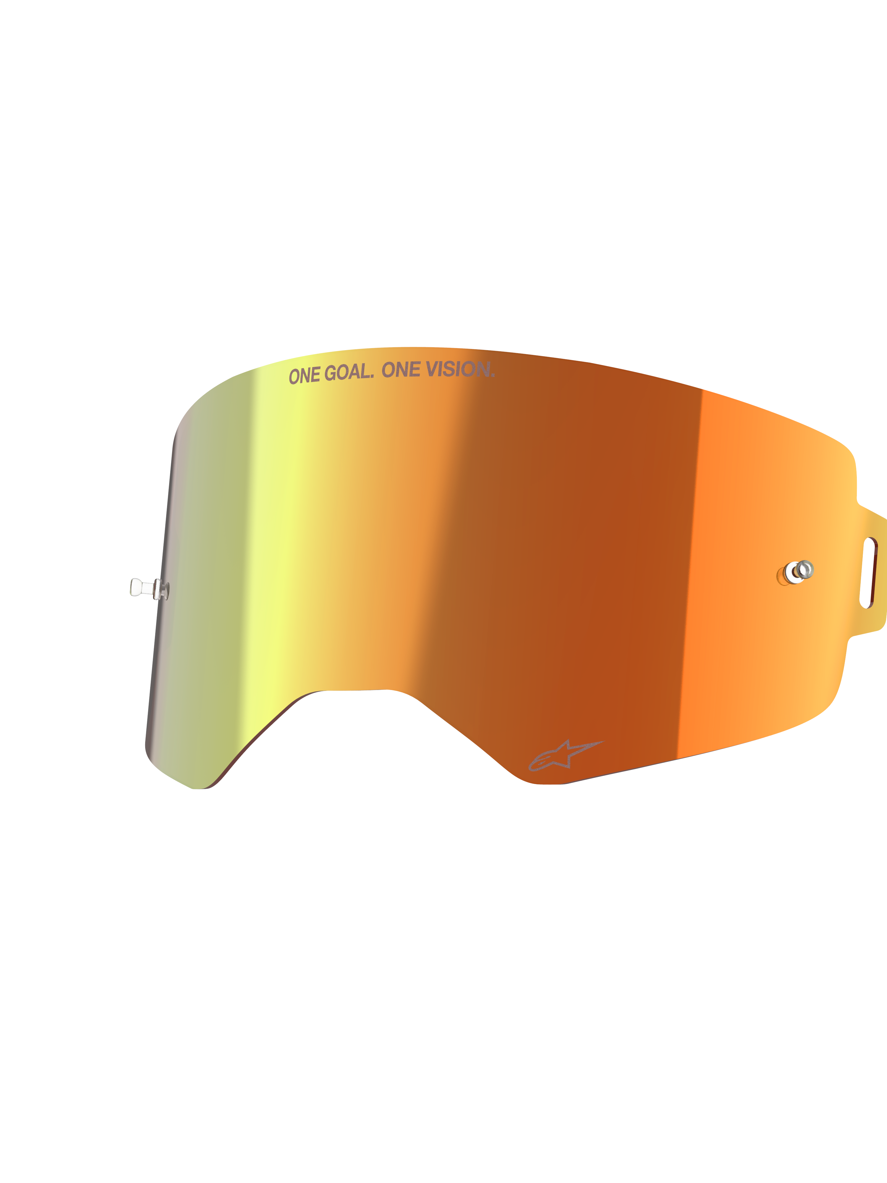 Alpinestars Supertech Spiegellinse, Ersatzlinse für Motocross-Brillen, Spiegelrot mit orange-gelbem Farbverlauf, mit „ONE GOAL. ONE VISION.“ Schriftzug und Alpinestars-Logo, verspiegeltes Finish mit Tear-off-Pins für den Motocross-Rennsport