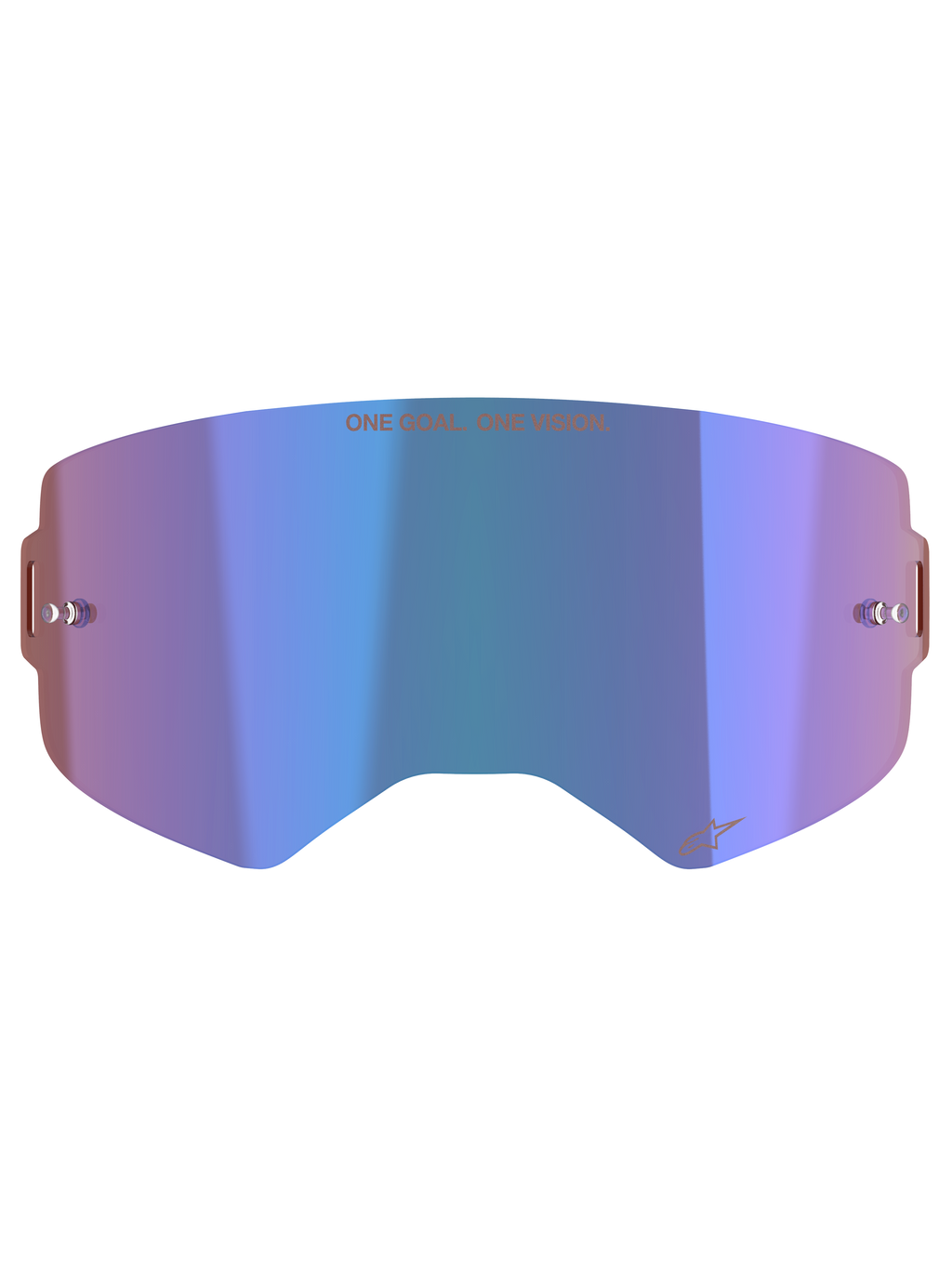 Alpinestars Supertech Spiegellinse, Motocross-Brillenzubehör, Mirror Blue mit lila Nuancen, mit Absolute Vision™ Technologie, integrierten Tear-off-Posts und dem Slogan „ONE GOAL. ONE VISION.“ am oberen Rand.