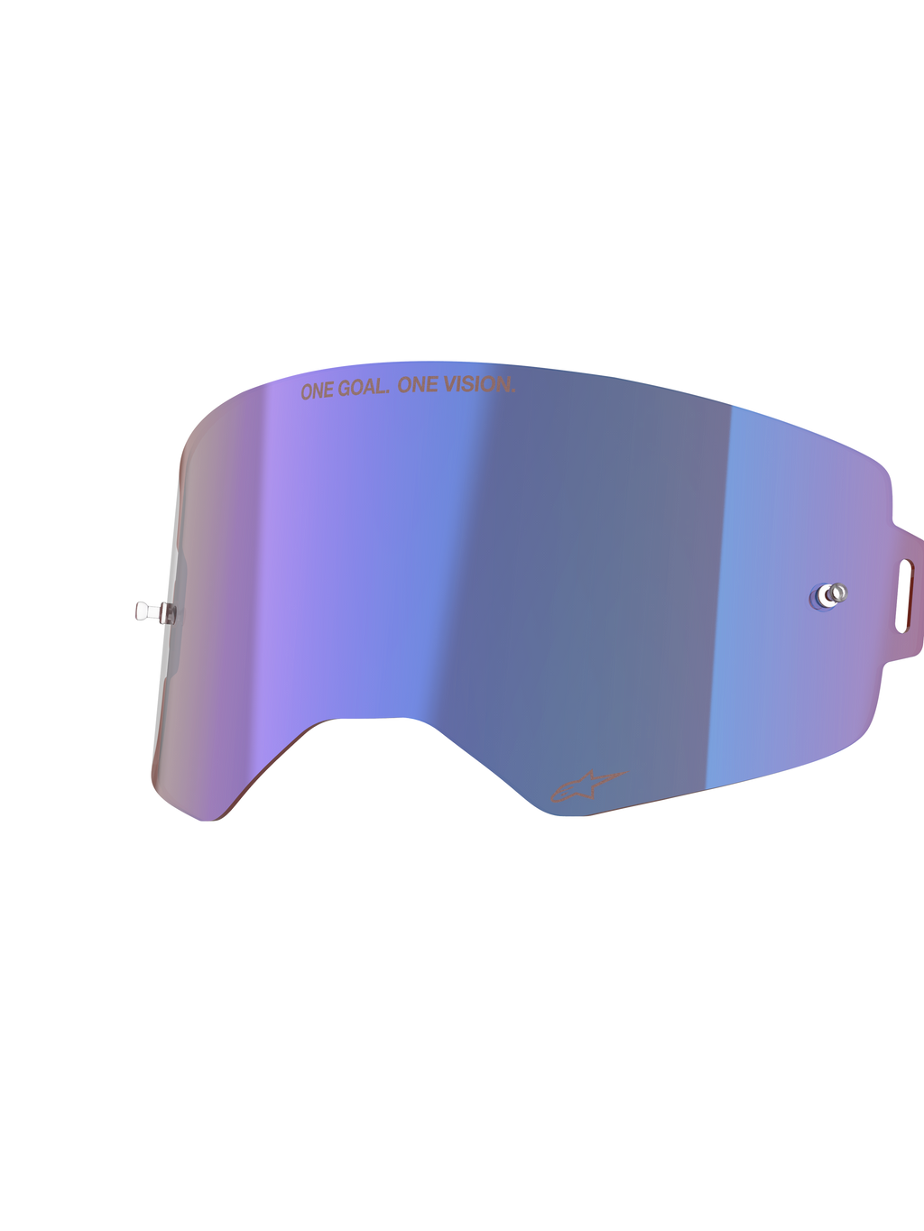 Alpinestars Supertech Spiegellinse, Ersatzlinse für Motocross-Brillen, Mirror Blue mit lila irisierendem Finish, mit integrierten Tear-Off-Pins, Schriftzug „ONE GOAL. ONE VISION.“ oben und Alpinestars-Logo unten, hochklares Polycarbonat für den Offroad-Rennsport