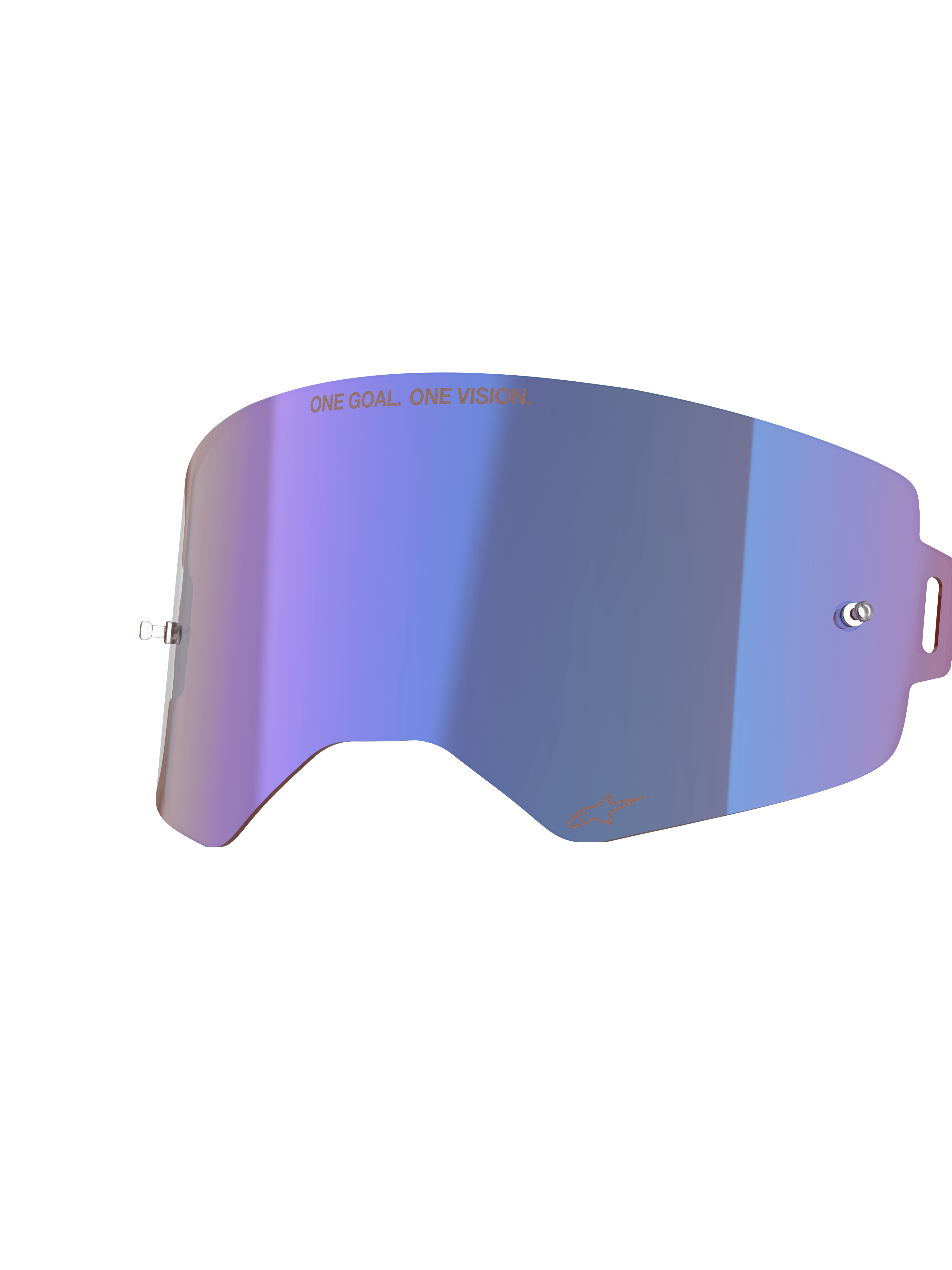 Alpinestars Supertech Spiegellinse, Ersatzlinse für Motocross-Brillen, Mirror Blue mit lila irisierendem Finish, mit integrierten Tear-Off-Pins, Schriftzug „ONE GOAL. ONE VISION.“ oben und Alpinestars-Logo unten, hochklares Polycarbonat für den Offroad-Rennsport