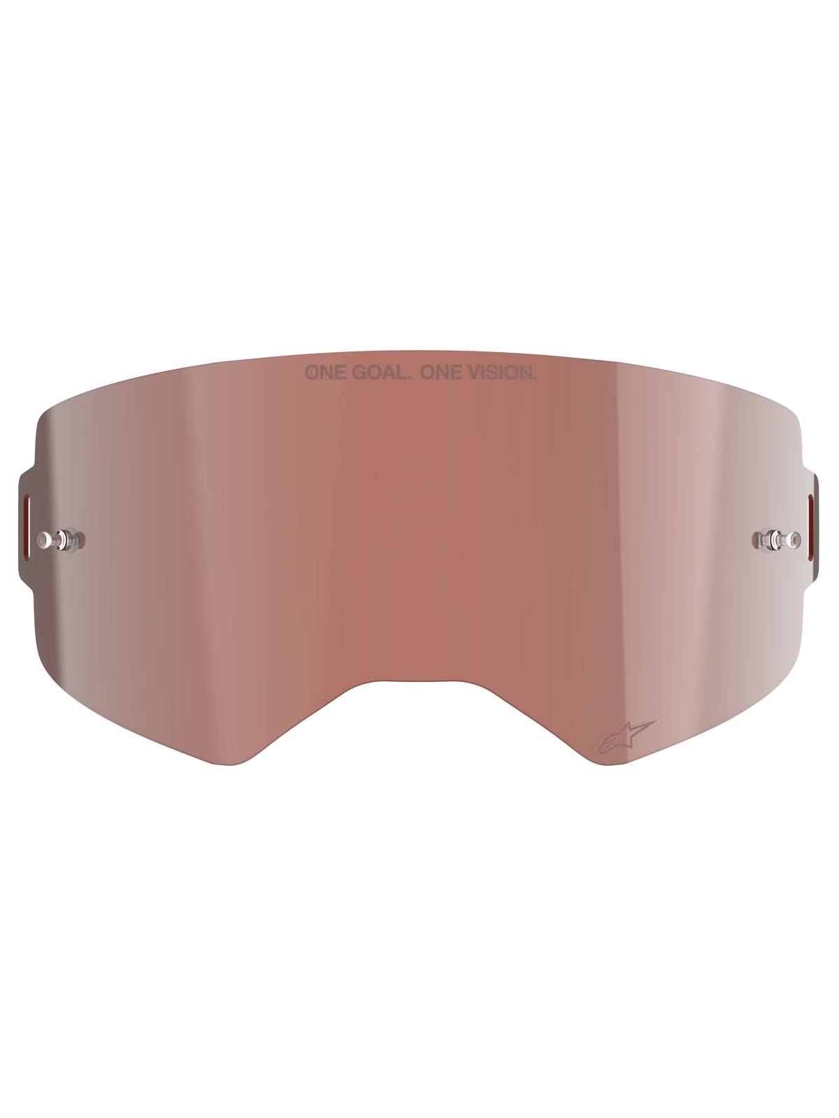 Écran Alpinestars Supertech Mirror, écran de rechange pour masque de motocross, coloris Mirror Silver avec teinte Absolute Vision™ brun-rouge, surface réfléchissante avec fixations pour tear-off intégrées, gravure « ONE GOAL. ONE VISION. » et logo Alpinestars