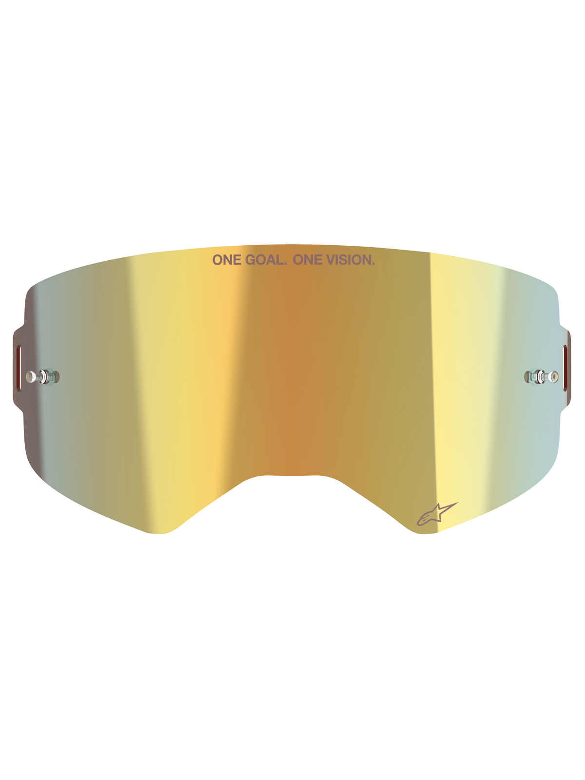Lentille Miroir Supertech Alpinestars, écran de remplacement pour lunettes de motocross, finition miroir dorée, arborant le texte 'ONE GOAL. ONE VISION.' et le logo Alpinestars, inclut des supports pour tear-offs, polycarbonate durable pour le tout-terrain