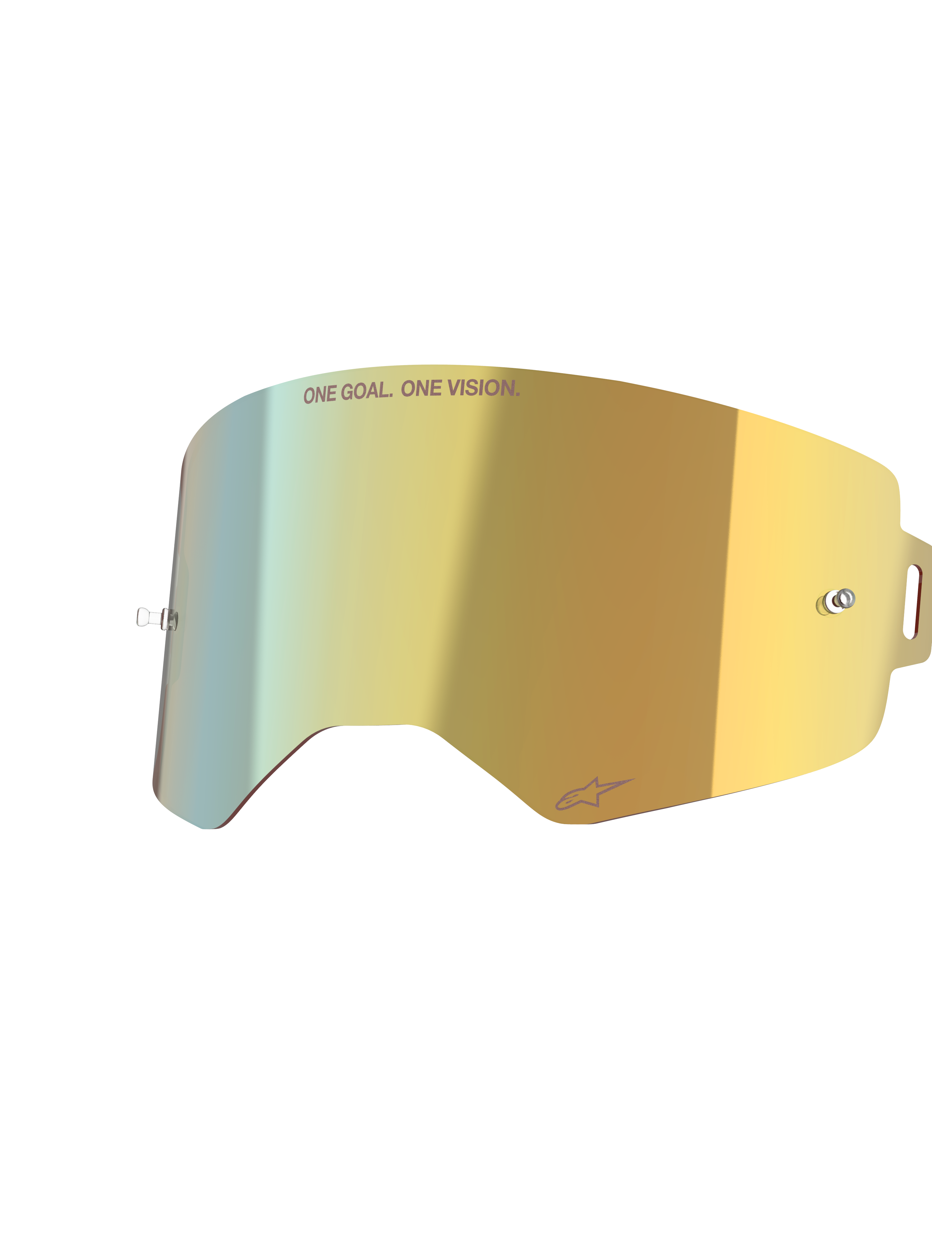 Alpinestars Supertech Spiegelscheibe, Mirror Gold, reflektierende Ersatz-Brillenscheibe mit integrierten Tear-Off-Posts und „ONE GOAL. ONE VISION.“-Schriftzug, hochklares Motocross-Zubehör.