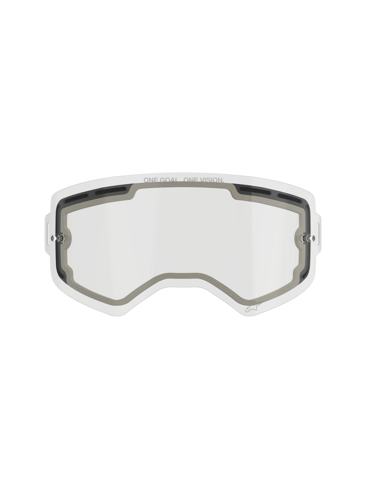 Alpinestars Supertech Double Pane Lens, Motocross Goggle Replacement Lens, Clear, vented design with grey foam seals, featuring 'ONE GOAL. ONE VISION.' branding on the top edge, curved anti-fog polycarbonate for off-road use.