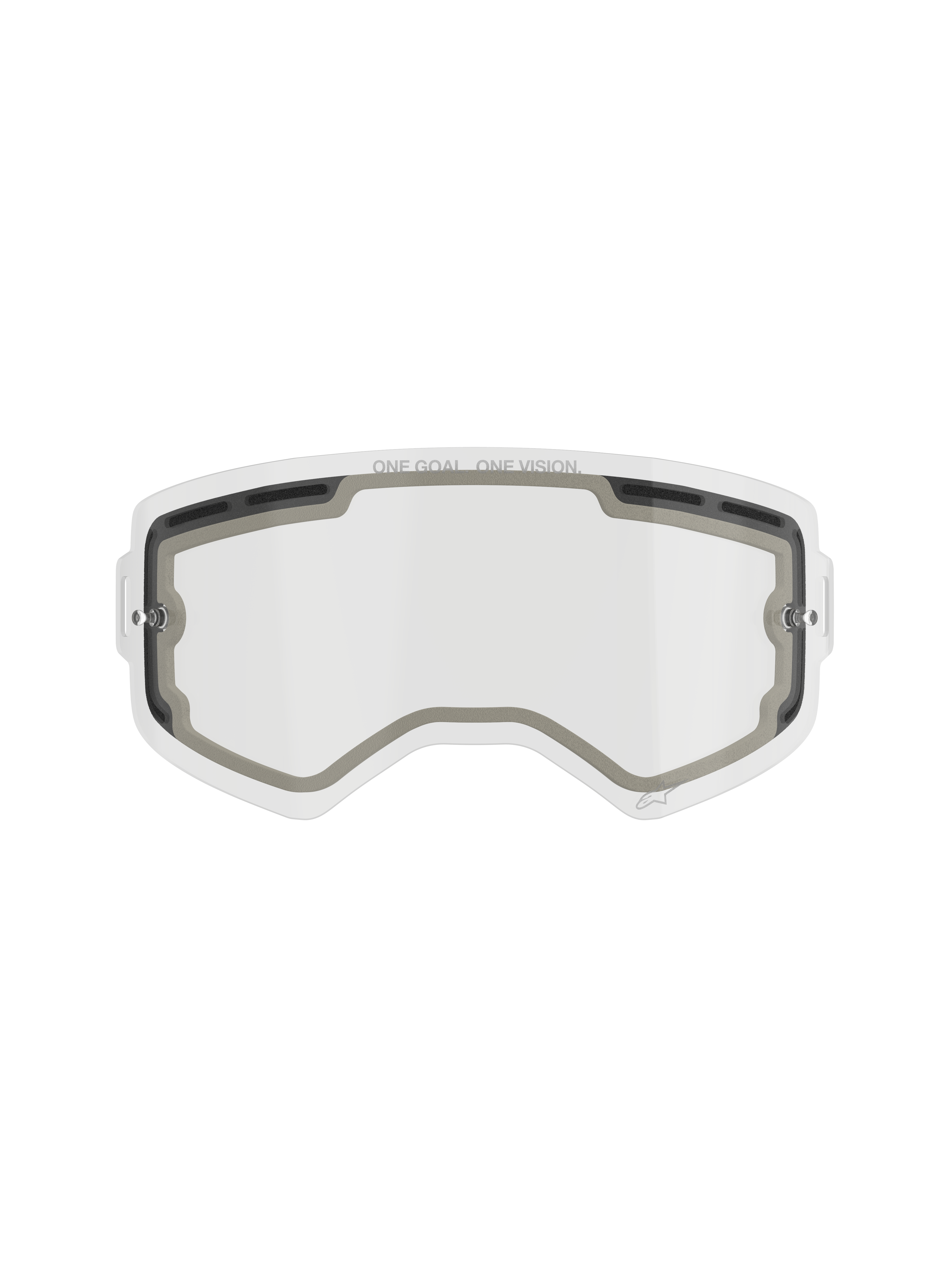 Alpinestars Supertech Doppelscheiben-Glas, Ersatzglas für Motocross-Brille, Transparent, belüftetes Design mit grauen Schaumstoffdichtungen, mit „ONE GOAL. ONE VISION.“-Branding am oberen Rand, gebogenes Anti-Beschlag-Polycarbonat für den Offroad-Einsatz.