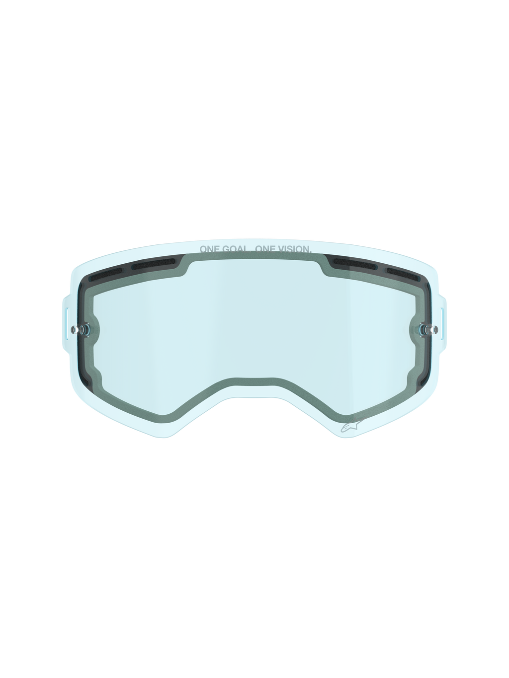 Alpinestars Supertech belüftete Doppelscheibe, Ersatzglas für Motocross-Brillen, Blau getönt, Polycarbonat-Doppelscheiben-Konstruktion, schwarze Schaumstoffdichtung, Belüftungsöffnungen oben und seitlich, „ONE GOAL. ONE VISION.“ Branding, Antibeschlag-Funktion für Offroad-Rennsport