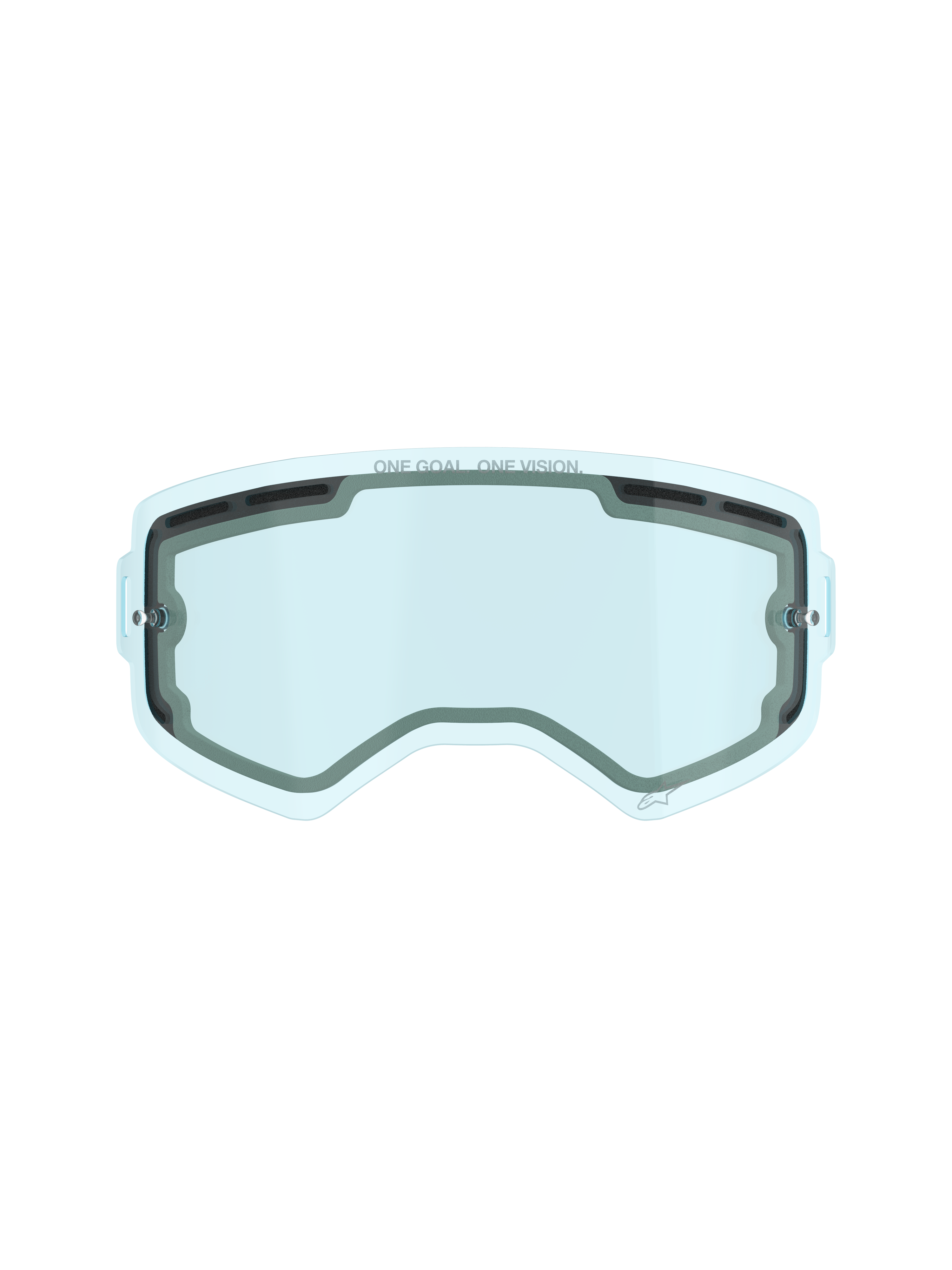 Alpinestars Supertech Dual Pane Vented Lens, écran de rechange pour masque de motocross, teinte bleue, construction en polycarbonate à double paroi, joint en mousse noire, ports de ventilation supérieurs et latéraux, marquage 'ONE GOAL. ONE VISION.', performance antibuée pour la course tout-terrain