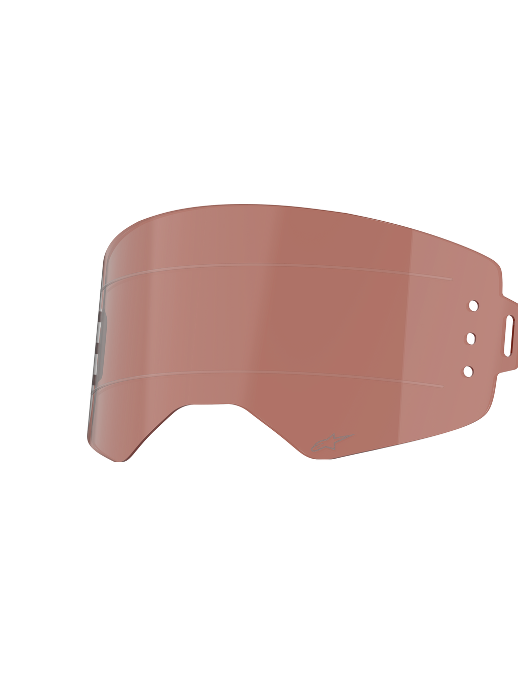 Lentille Roll-Off Alpinestars Supertech, teinte Cuivre Rose, lentille de remplacement pour lunettes de motocross, avec lignes de glissement horizontales et trous de montage pour boîtiers roll-off, construction en polycarbonate durable pour la course tout-terrain