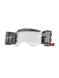 Alpinestars Supertech Roll Off Kit Wide Vision, Motocross Goggle Accessory, Transparent anti-fog lens with integrated roll-off film system, black canisters and red pull tab, featuring ONE GOAL ONE VISION branding, high-impact polycarbonate for off-road racing