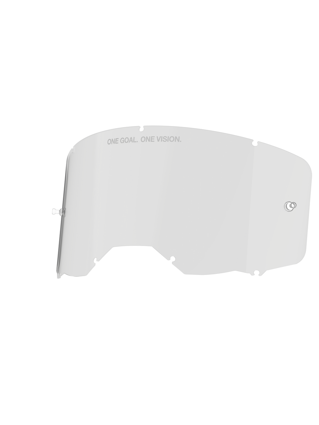 Alpinestars Vision 8-5-3 Lens, Clear Goggle Lens, Transparent, featuring integrated tear-off posts and seven keyhole locking notches, "ONE GOAL. ONE VISION." text on the upper edge, durable polycarbonate construction for motocross goggles