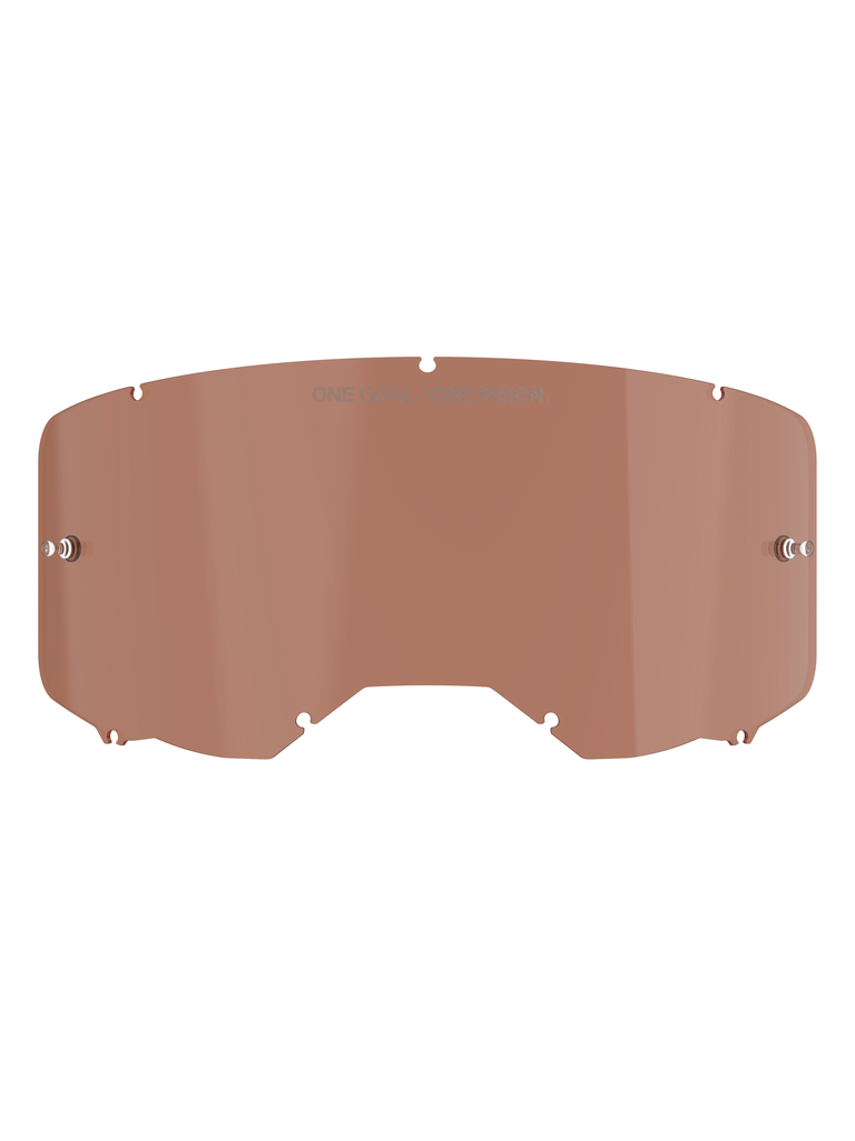 Alpinestars Vision 8-5-3 goggle lens, Copper Rose tint, vervangende motorcross brillens met "ONE GOAL. ONE VISION." tekst, gebogen polycarbonaat ontwerp met tear-off pinnen voor off-road racen