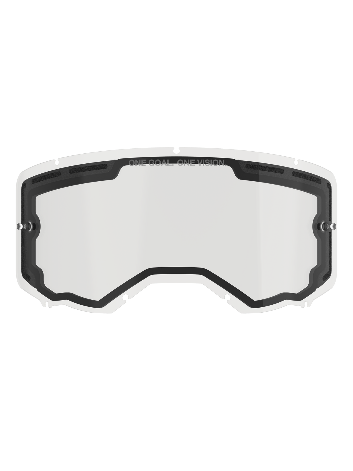 Alpinestars Vision 8-5-3 dubbele lens, transparante vervangingslens voor motorcrossbril, zwarte binnenafdichting met ventilatieopeningen aan de bovenzijde, tear-off-pinnen aan de zijkant, 'ONE GOAL ONE VISION' branding op de bovenrand, off-road race-accessoire
