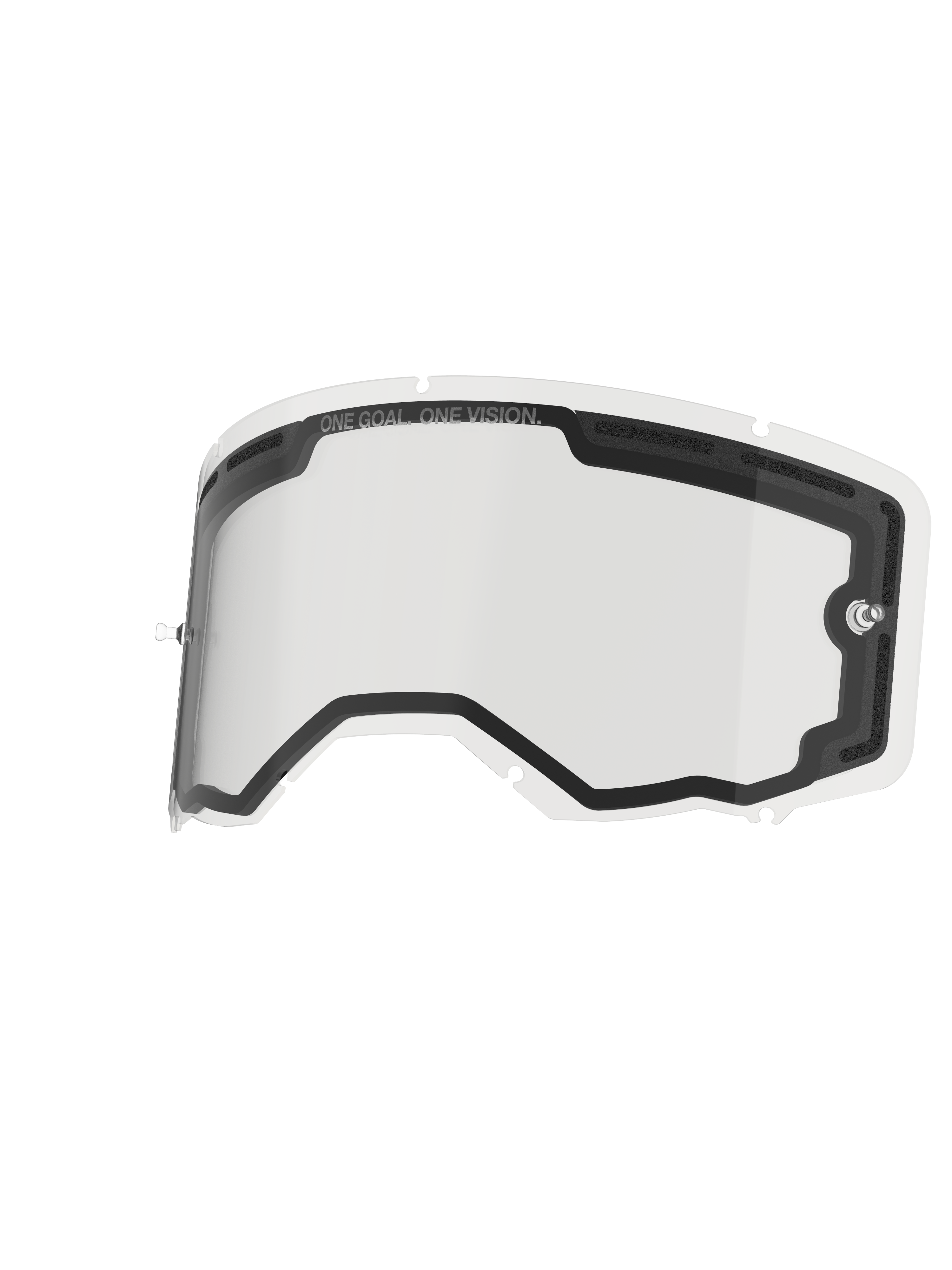 Alpinestars Vision 8-5-3 Doppelscheibe, klare Ersatzscheibe für Crossbrillen, Doppelscheiben-Konstruktion mit schaumstoffunterstützter Belüftung, integrierte Tear-off-Pfosten, Sieben-Schlüsselloch-Verriegelungssystem, „ONE GOAL. ONE VISION.“ Aufdruck am oberen Rand