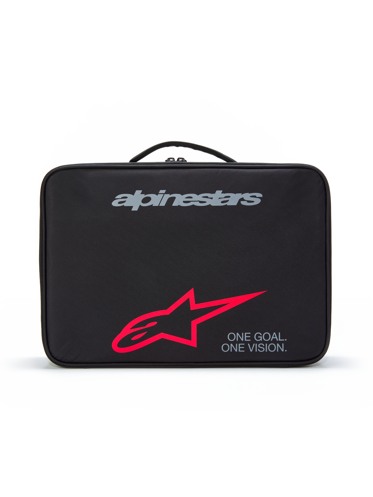 Alpinestars Supertech Vision Goggles Case, Black protective carrying case with top handle, featuring a grey brand logo, large red star logo, and 'ONE GOAL. ONE VISION.' slogan, durable storage for motocross goggles