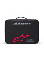 Alpinestars Supertech Vision Goggles Case, étui de protection noir avec poignée supérieure, logo de marque gris, grand logo étoile rouge et slogan "ONE GOAL. ONE VISION.", rangement durable pour lunettes de motocross