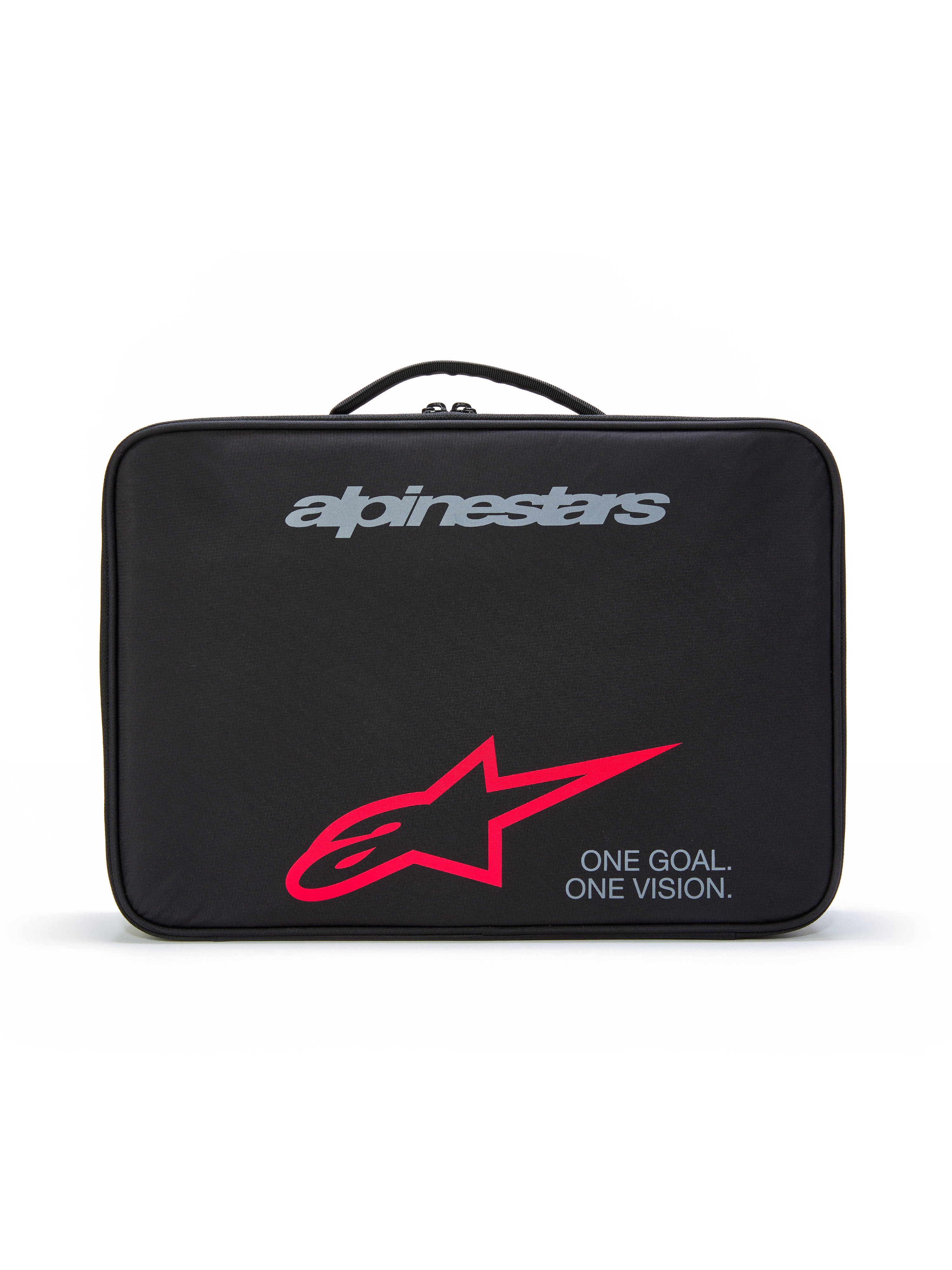 Alpinestars Supertech Vision Goggles Case, étui de protection noir avec poignée supérieure, logo de marque gris, grand logo étoile rouge et slogan "ONE GOAL. ONE VISION.", rangement durable pour lunettes de motocross