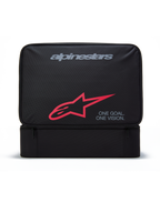 Étui pour lunettes Alpinestars Supertech Vision, sac de rangement rectangulaire noir pour lunettes de motocross, avec logo Alpinestars gris, symbole A-star rouge et texte « ONE GOAL. ONE VISION. », conception en polyester durable avec poche frontale zippée
