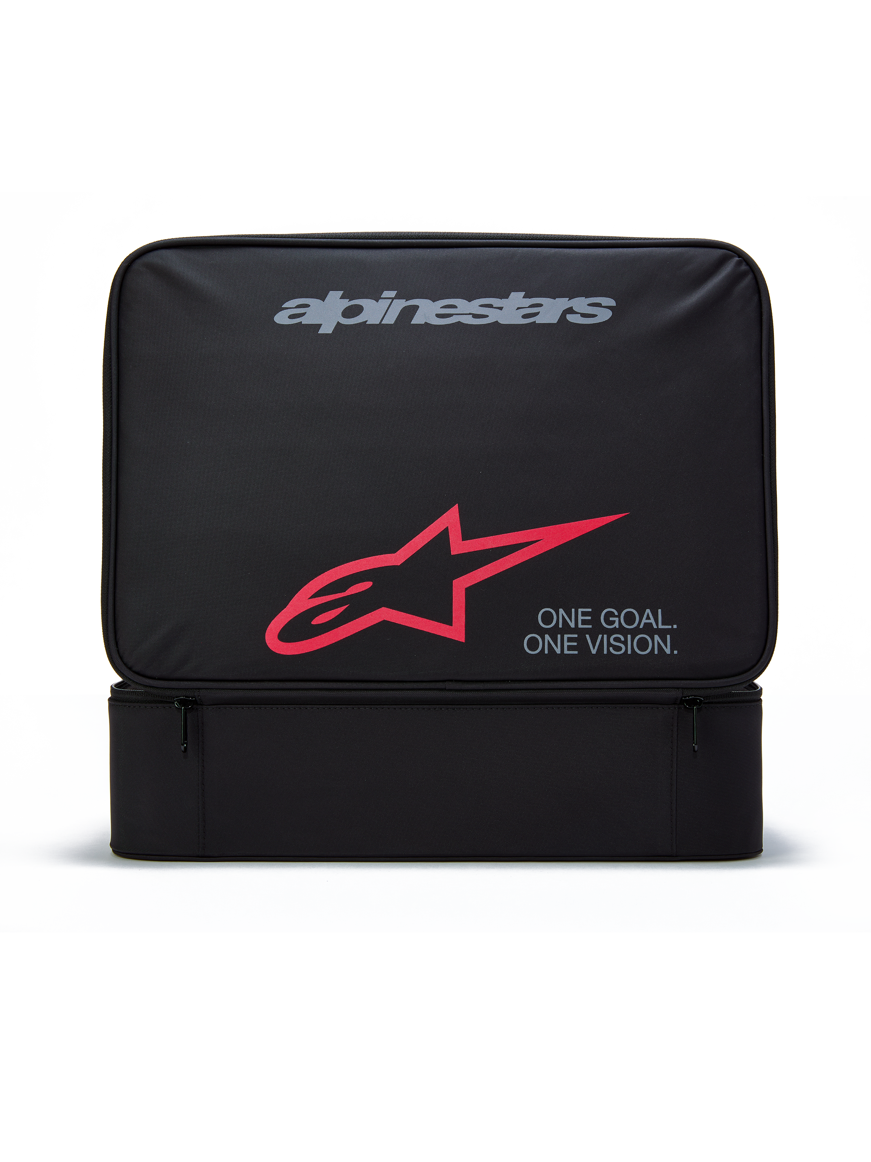Étui pour lunettes Alpinestars Supertech Vision, sac de rangement rectangulaire noir pour lunettes de motocross, avec logo Alpinestars gris, symbole A-star rouge et texte « ONE GOAL. ONE VISION. », conception en polyester durable avec poche frontale zippée