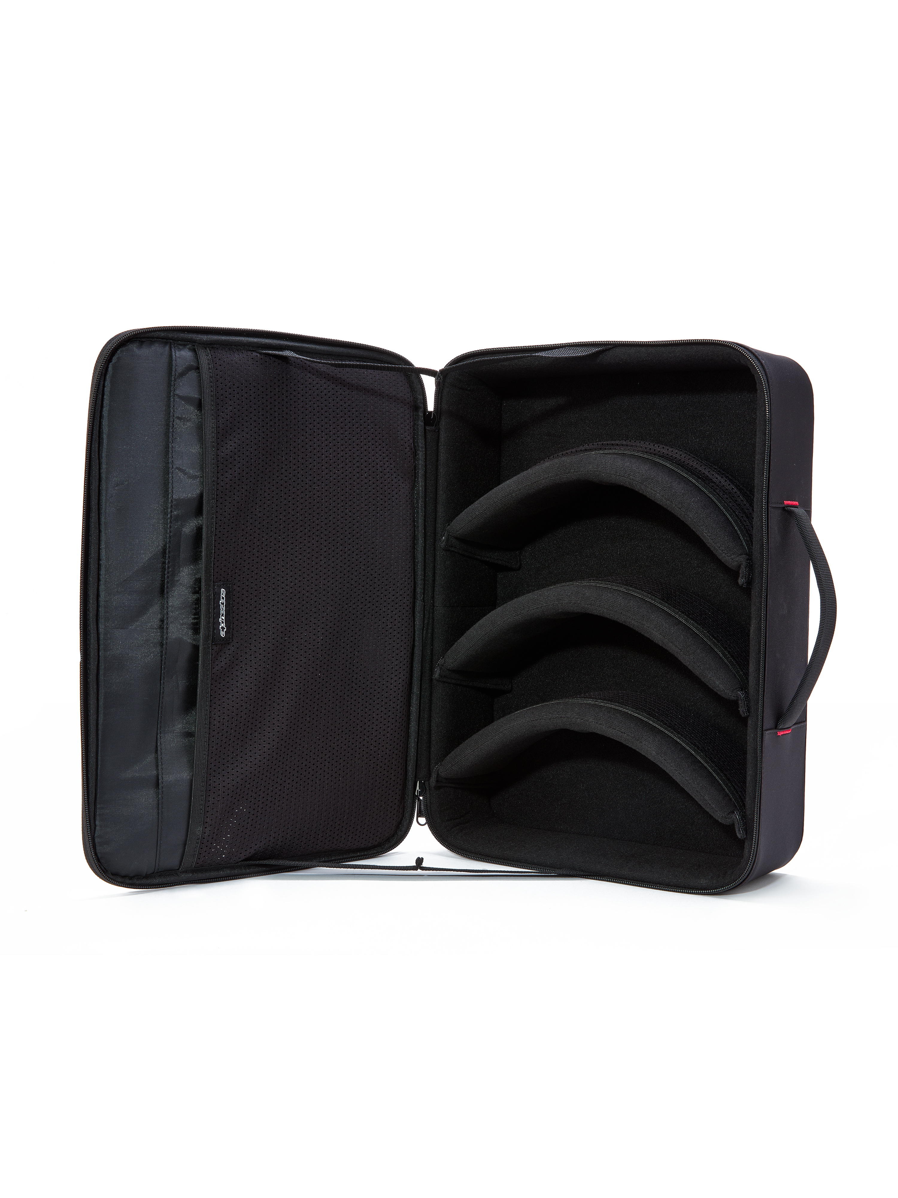 Étui pour masque Alpinestars Supertech Vision, noir, vue intérieure ouverte, trois séparateurs modulaires pré-courbés pour le rangement des lentilles et des masques, poches en maille douce sur le couvercle pour les accessoires, design horizontal de style mallette avec poignée rembourrée, organisateur protecteur d'équipement de motocross