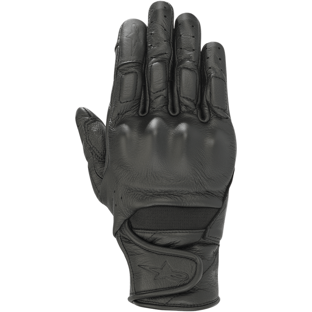Alpinestars Stella Vika V2 Handschuhe, Damen-Motorradhandschuhe, schwarzes Leder, mit perforierten Fingern für Belüftung, viskoelastischem Knöchelschutz und kurzer Manschette mit Klettverschluss und Stern-Logo