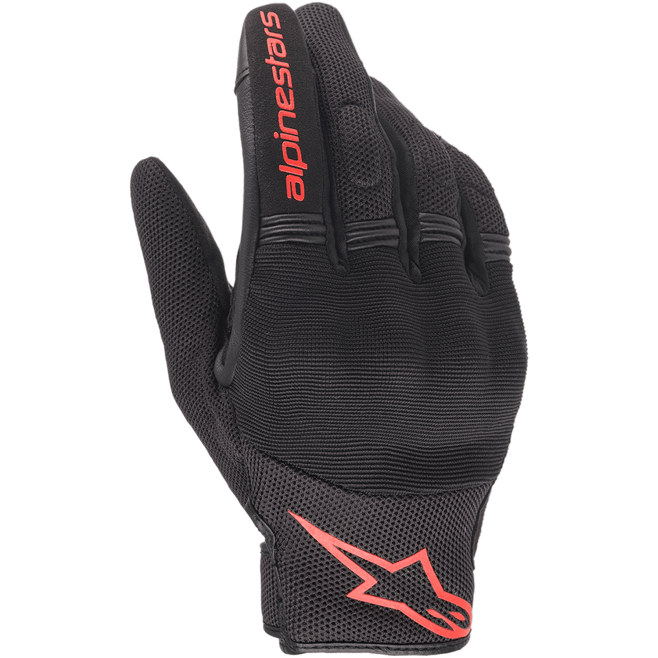 Alpinestars Copper handschoenen, stedelijke motorhandschoenen, zwart en fluo rood, voorzien van rood Astars-logo en woordmerk, mesh en spandex constructie met gewatteerde knokkels, lichtgewicht uitrusting voor woon-werkverkeer