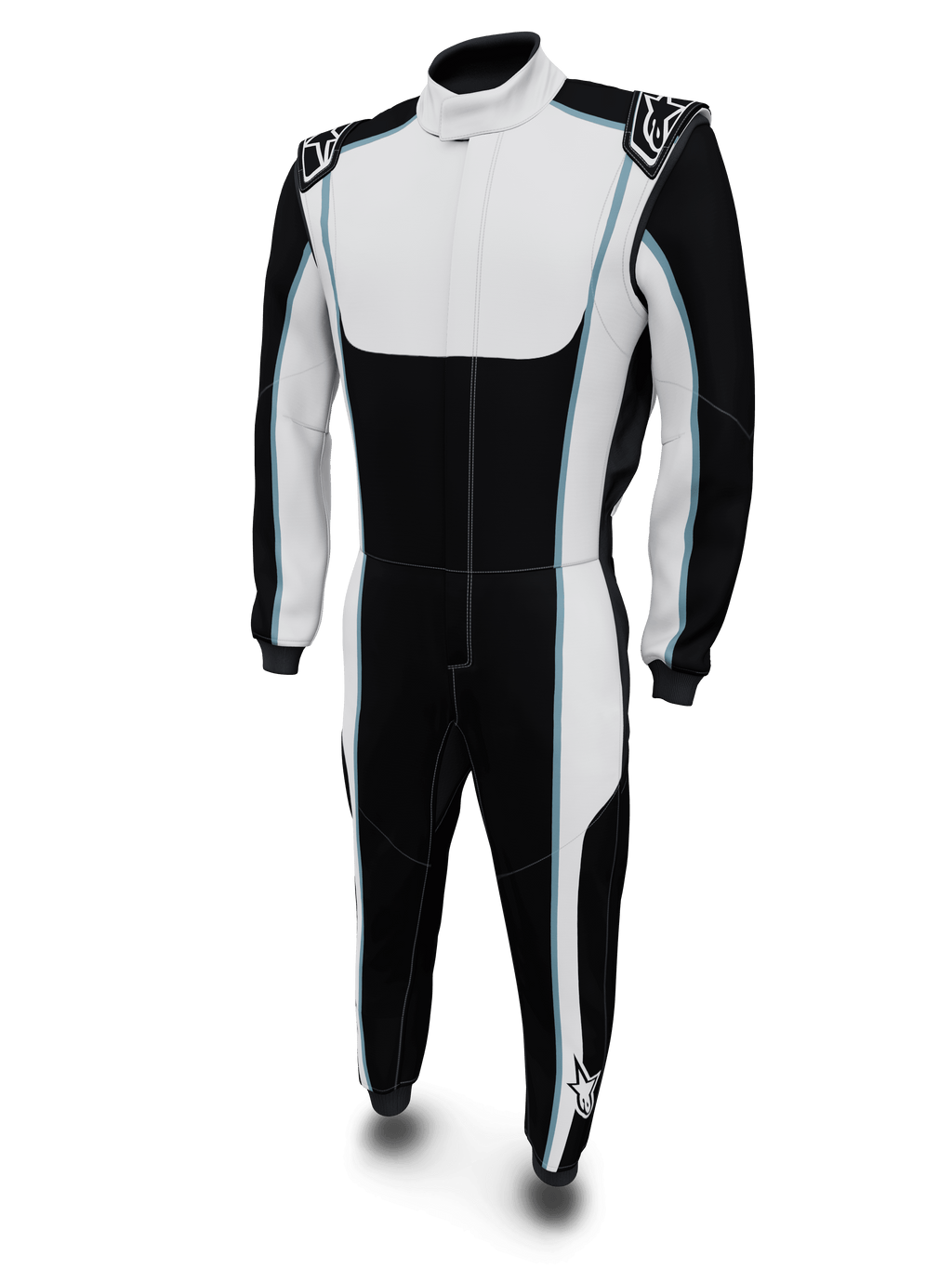Alpinestars Tech Vision V3 Maßanzug, Automobil-Rennanzug, Schwarz und Weiß mit blauen Akzenten, FIA-zertifizierte Nomex-Konstruktion
