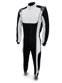 Alpinestars combinaison sur mesure Tech Vision V3 pour course auto, noire et blanche avec accents bleus, certifiée FIA