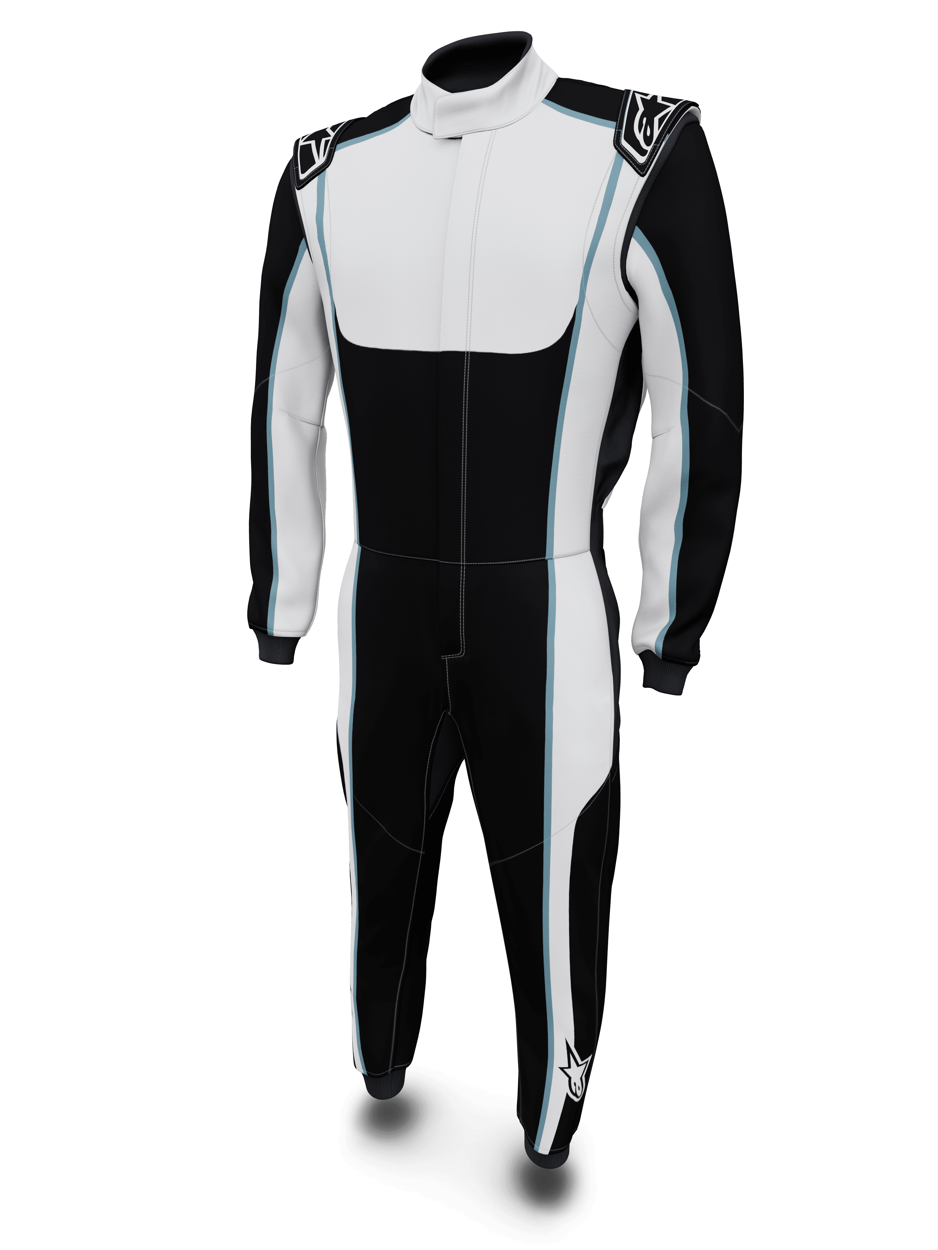 Alpinestars Tech Vision V3 Maßanzug, Automobil-Rennanzug, Schwarz und Weiß mit blauen Akzenten, FIA-zertifizierte Nomex-Konstruktion