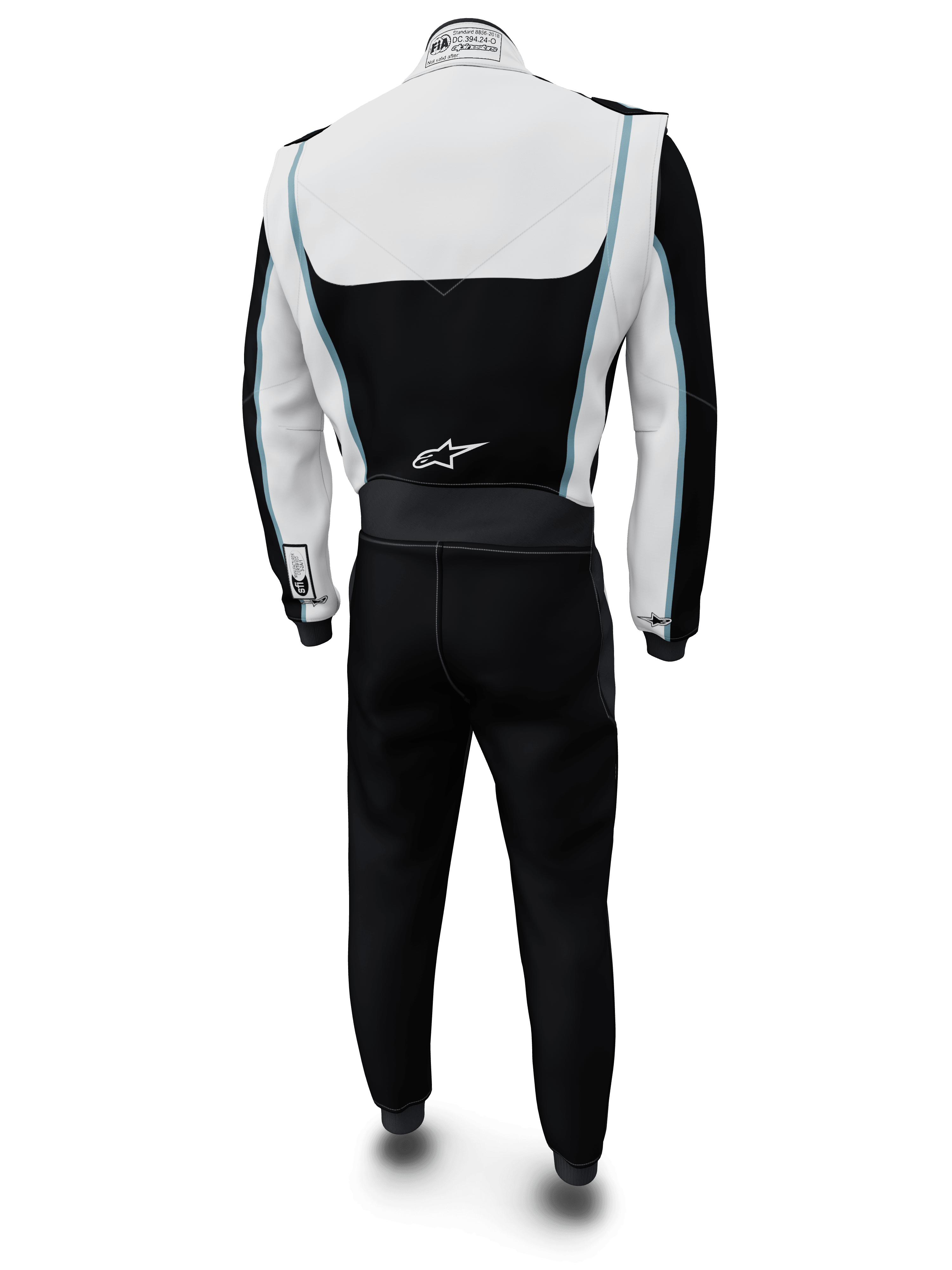 Alpinestars Tech Vision V3 Maßanzug, Auto-Rennanzug, Weiß und Schwarz mit hellblauen Akzenten, Rückansicht, mit Alpinestars-Logo auf dem unteren Rücken und FIA-Zertifizierungsetikett am Kragen, professionelle feuerhemmende Rennbekleidung mit Nomex-Konstruktion