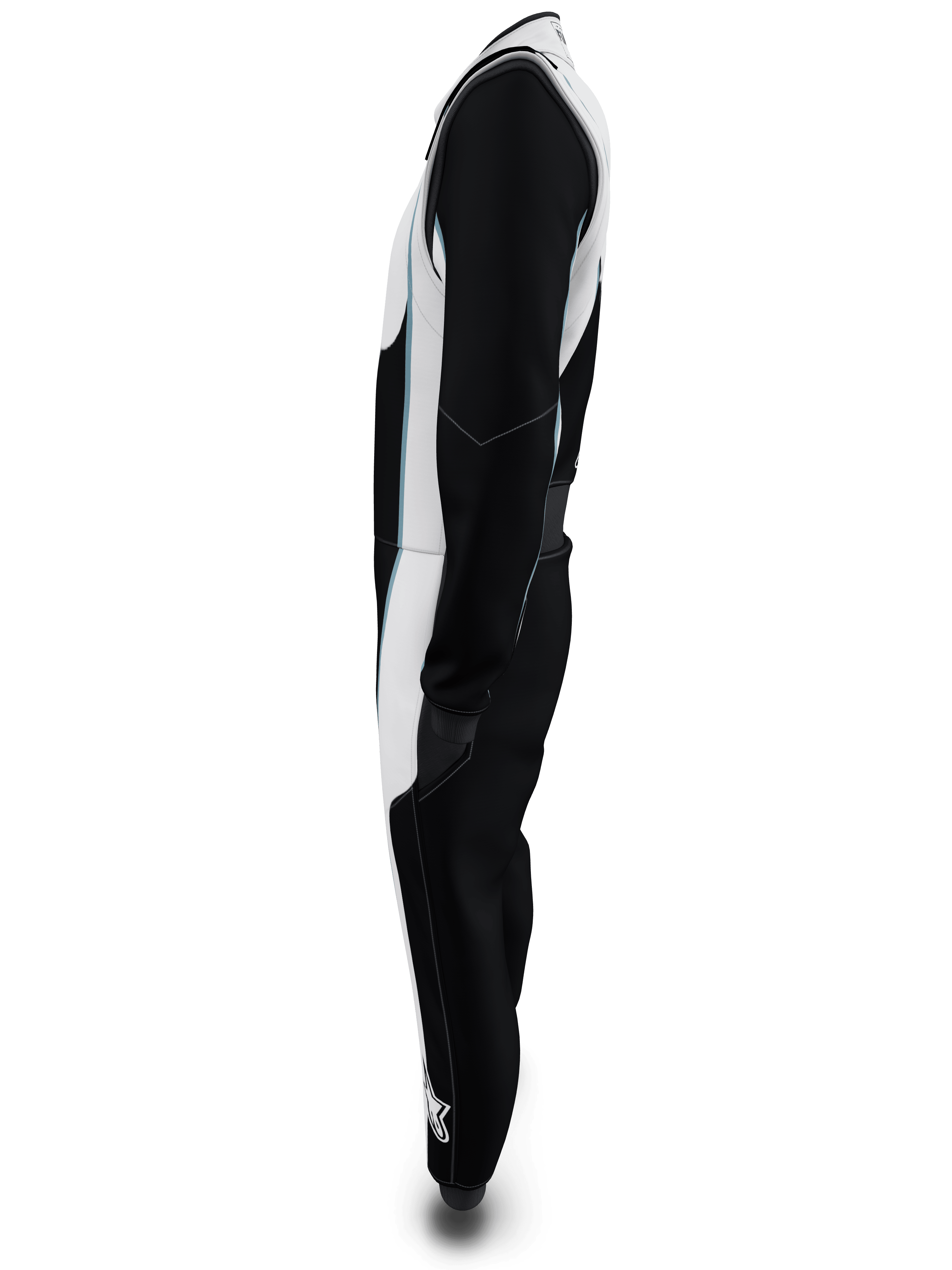 Alpinestars Tech Vision V3 Maßanzug, Seitenprofil-Ansicht, Schwarz und Weiß mit hellblauen Akzenten, professioneller FIA- und SFI-zertifizierter Autorennanzug, leichte Nomex-Konstruktion