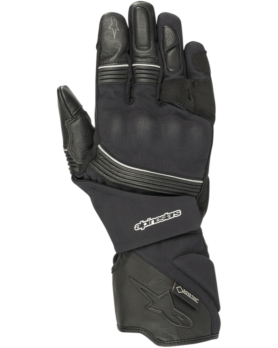 Alpinestars Jet Road handschoenen, zwarte motorhandschoenen, Gore-Tex waterdicht, leer en textiel constructie, lange manchet, versterkte knokkelbescherming, reflecterende biezen, adventure touring uitrusting